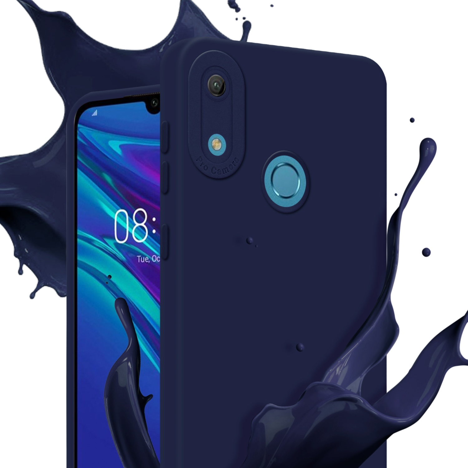 Coque de téléphone bleu marine. Éclaboussure de peinture bleu foncé. Écran visible.