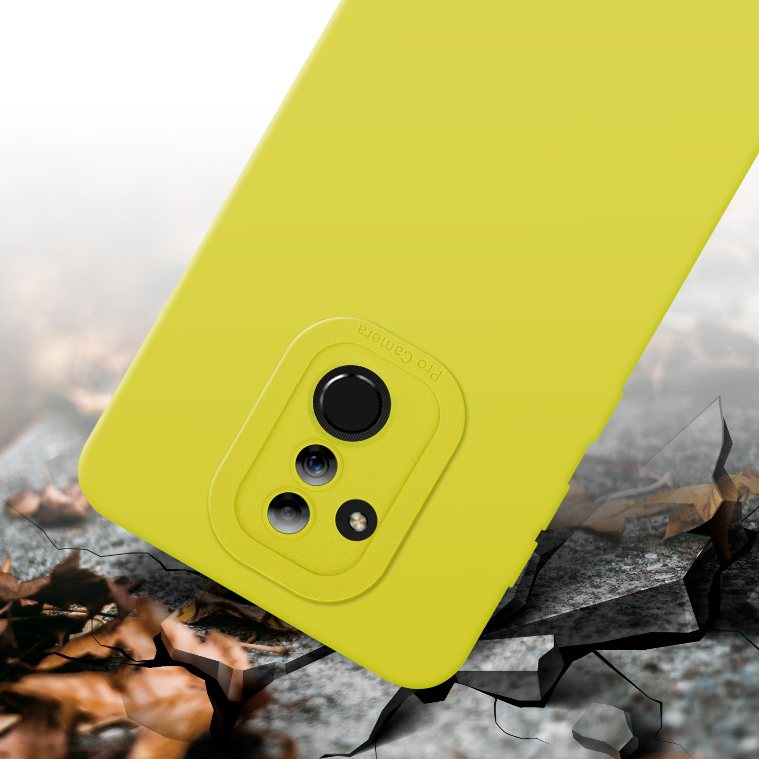 Una custodia per telefono gialla con funzione fotocamera pro, primo piano.