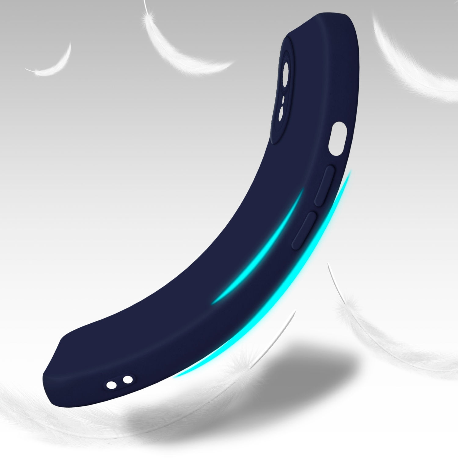 Una custodia blu navy in aria con piume bianche fluttuanti.