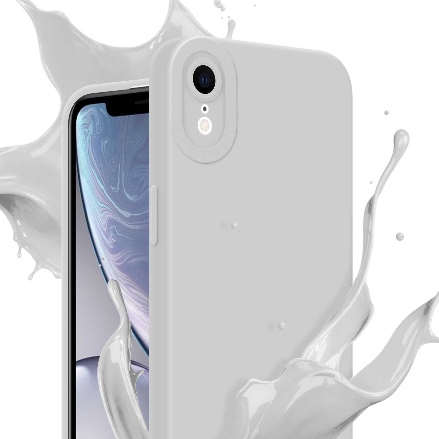 Una custodia bianca per telefono con modulo fotocamera, con schizzi di liquido bianco.