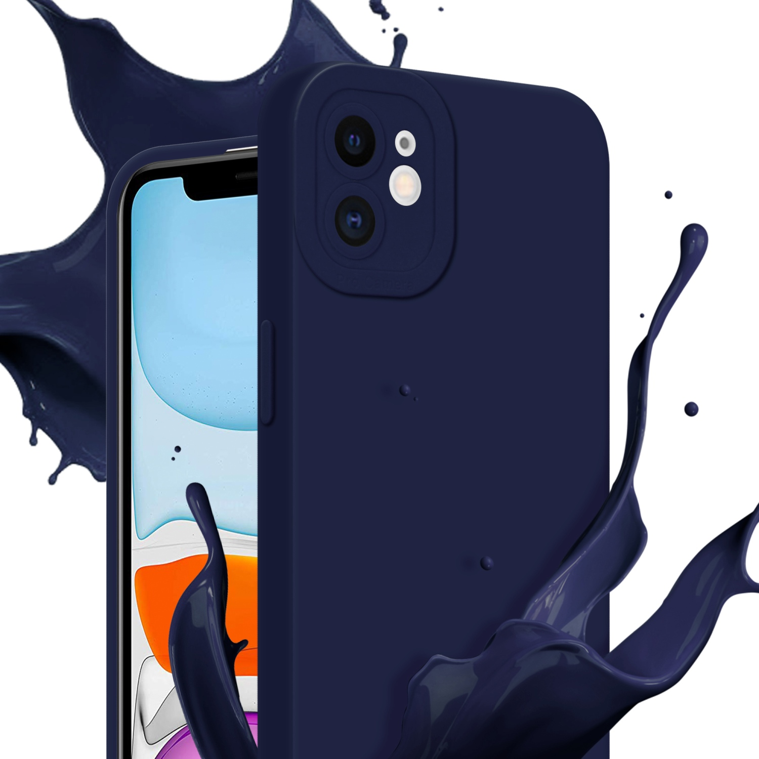 Custodia blu navy con schizzi di vernice. Il telefono mostra uno schermo colorato.