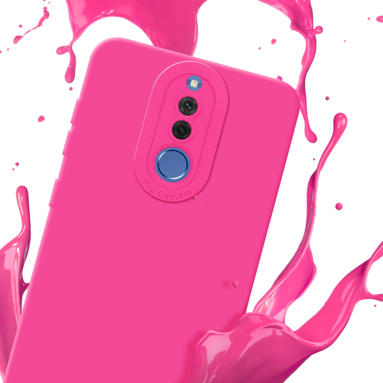 Custodia per telefono rosa con dettagli della fotocamera, spruzzi di vernice su sfondo bianco.