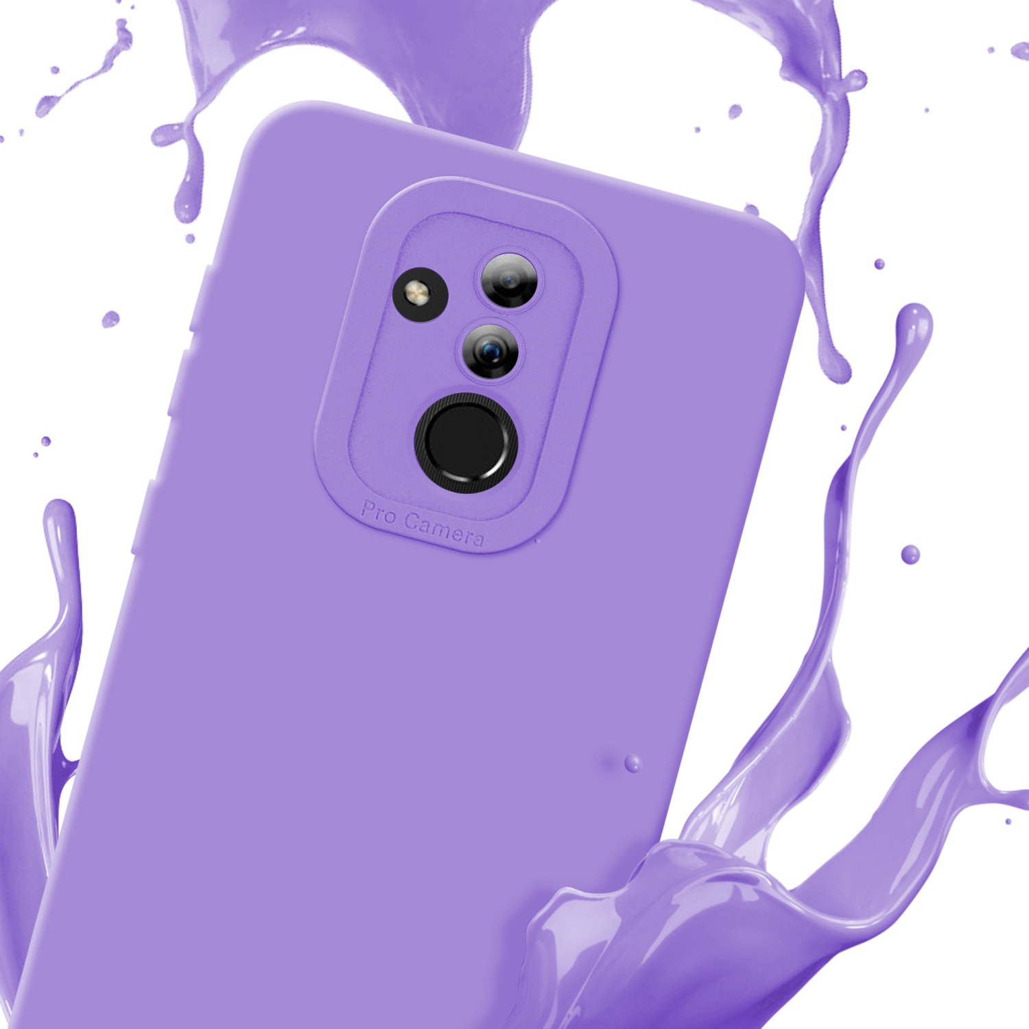Una custodia per telefono viola. La custodia ha una protezione per la fotocamera e il telefono viene schizzato di viola.