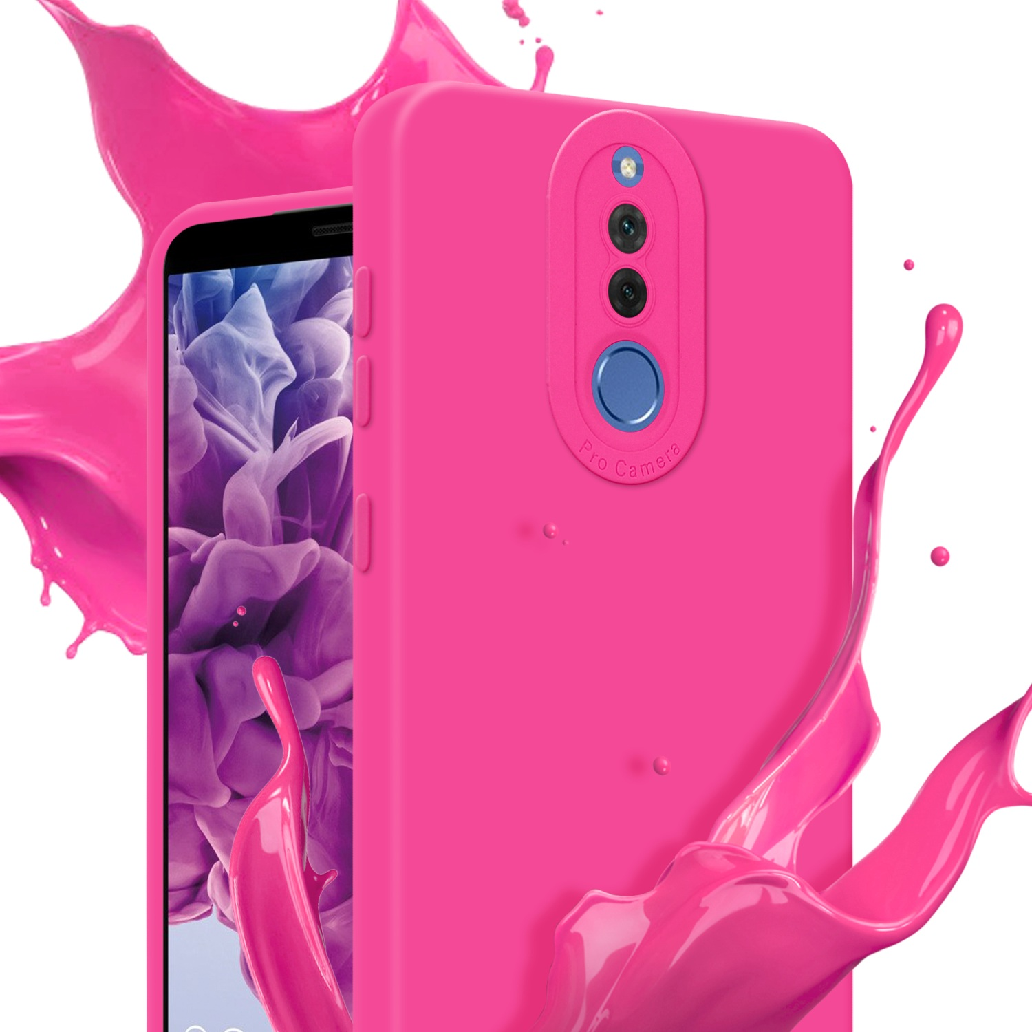 Una custodia rosa per telefono con un telefono all'interno. Spruzzi di vernice rosa sullo sfondo. Il telefono ha una fotocamera.