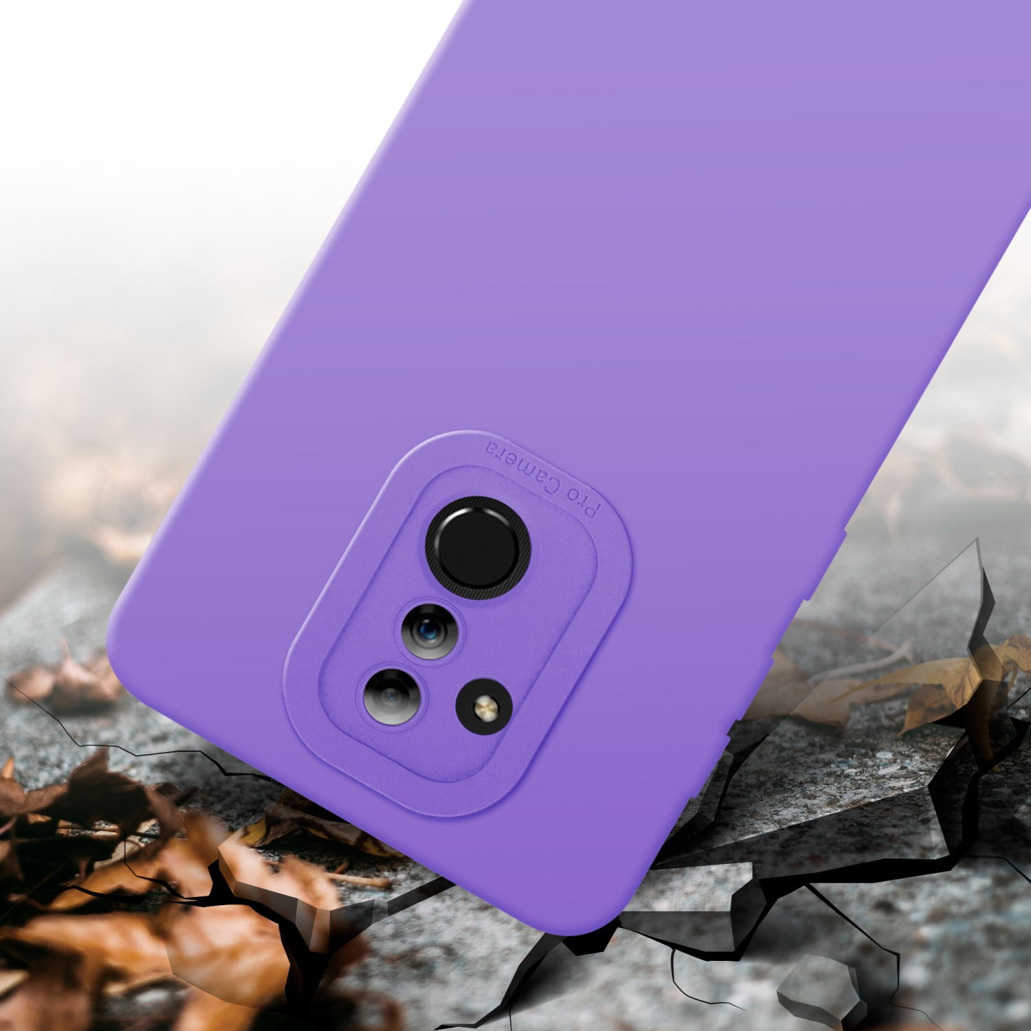 Custodia viola con ritaglio per fotocamera, su superficie di pietra crepata.