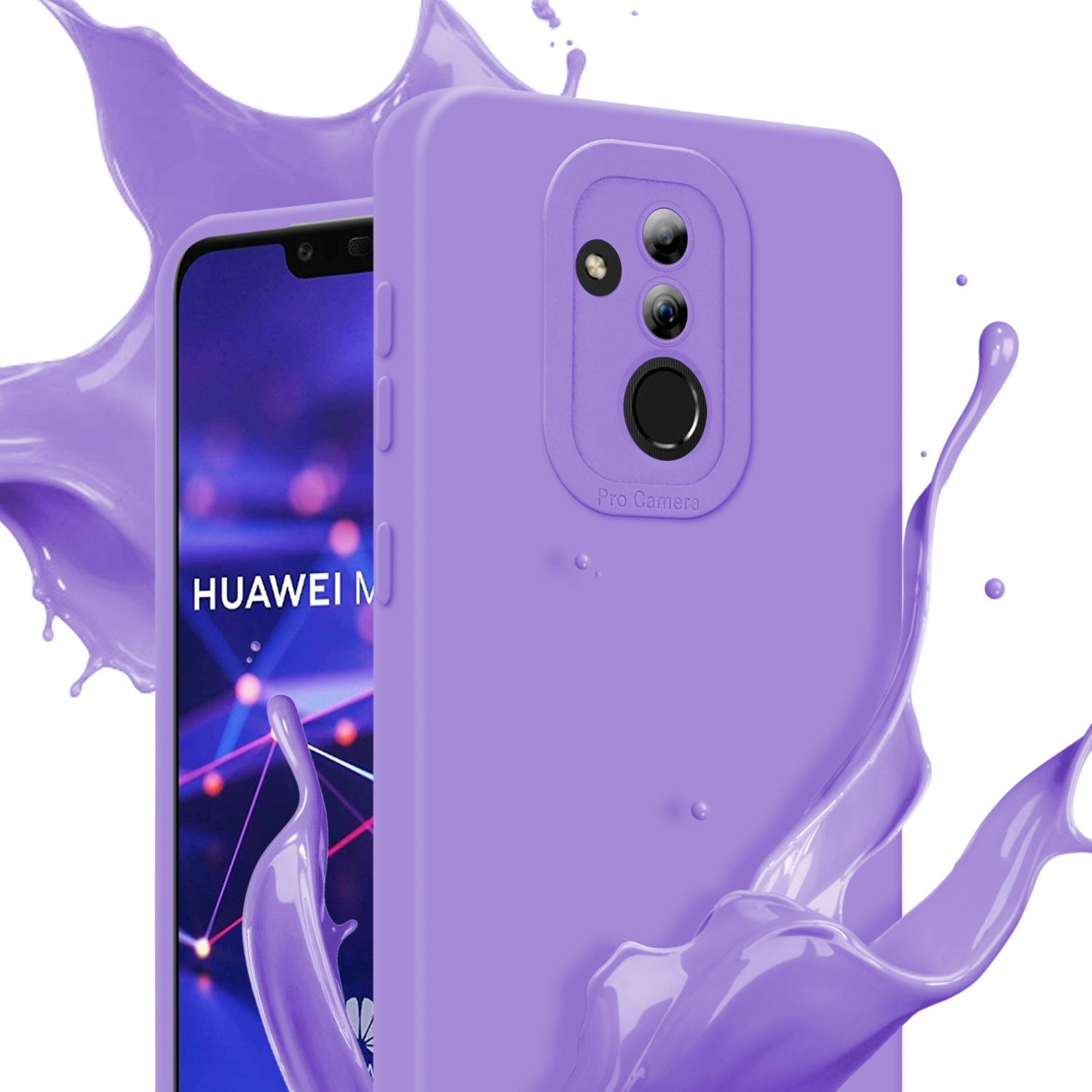 Telefono viola in custodia viola, con schizzi di liquido intorno.