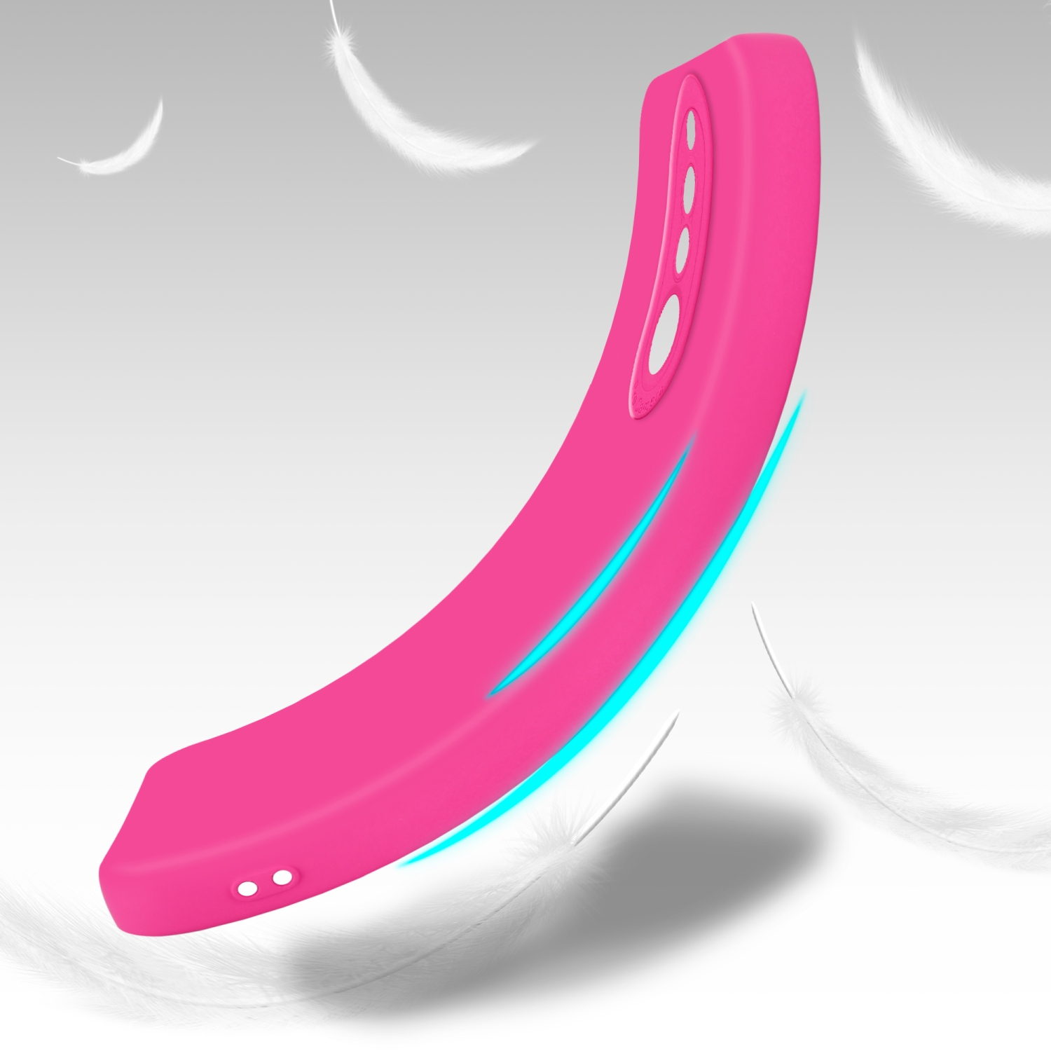 Custodia rosa curva per telefono. Piume bianche sullo sfondo.