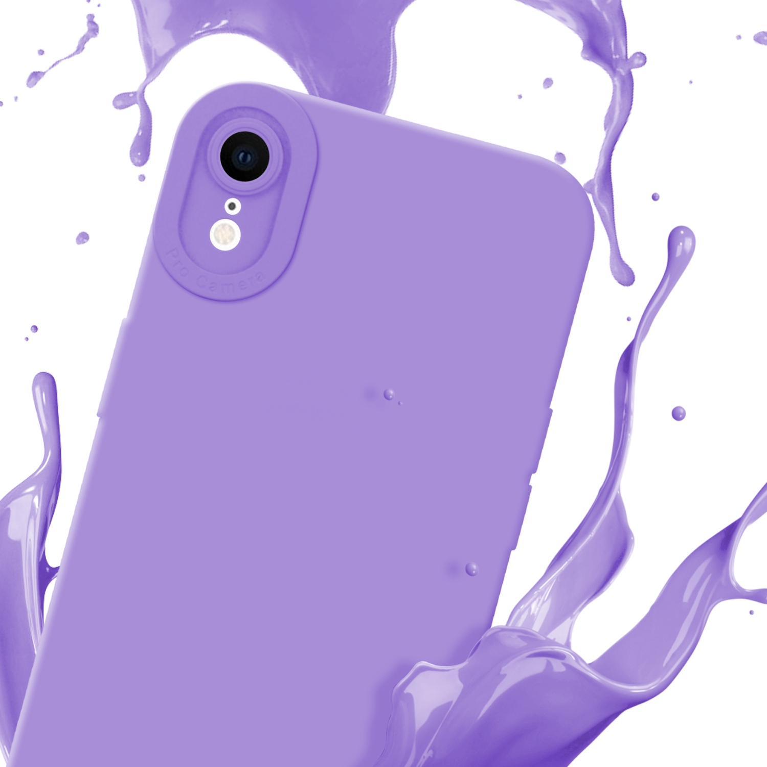 Custodia viola per telefono. Effetto schizzo di vernice viola attorno alla custodia e alla fotocamera.