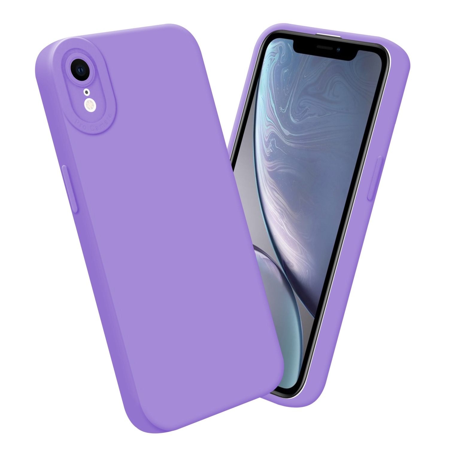 Due custodie lavanda, una con telefono, appoggiate l'una all'altra.