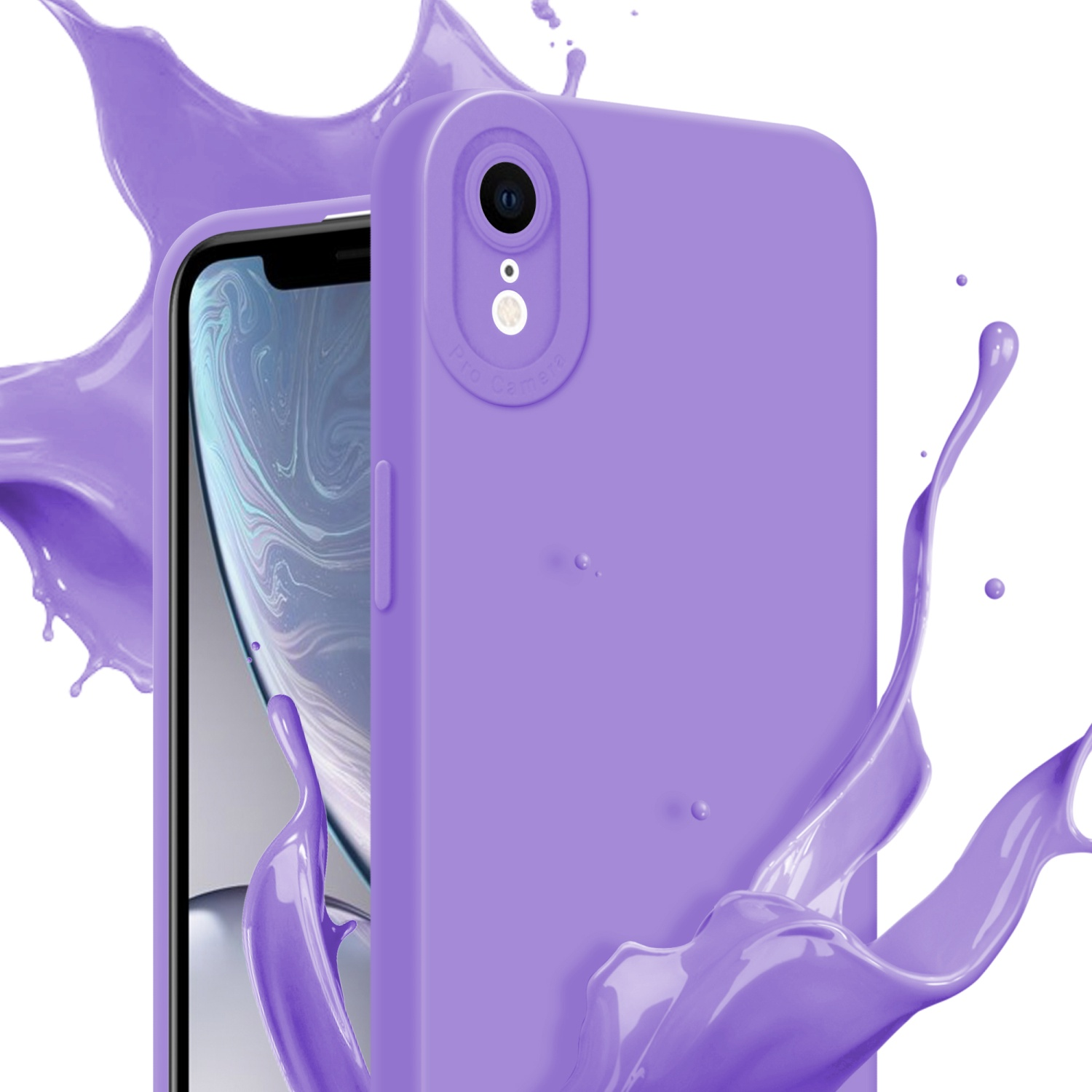 Una custodia per telefono viola con fotocamera. Schizzi di vernice viola intorno al telefono. Lo sfondo è bianco.