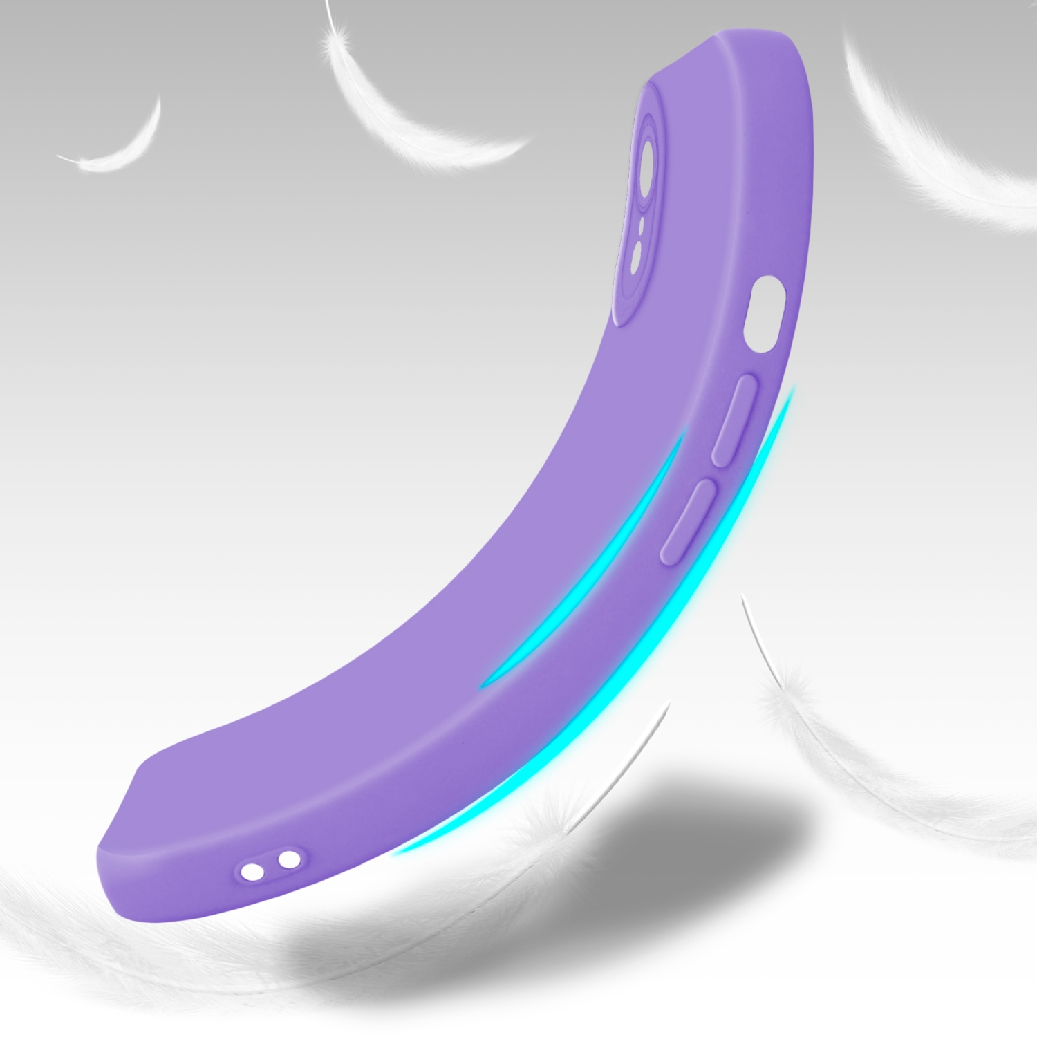 Una custodia viola fluttuante con piume bianche su uno sfondo chiaro.