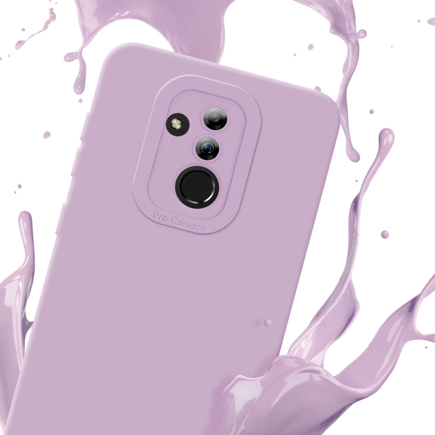 Una custodia per telefono lilla chiaro con un rigonfiamento della fotocamera e spruzzi di vernice abbinata.