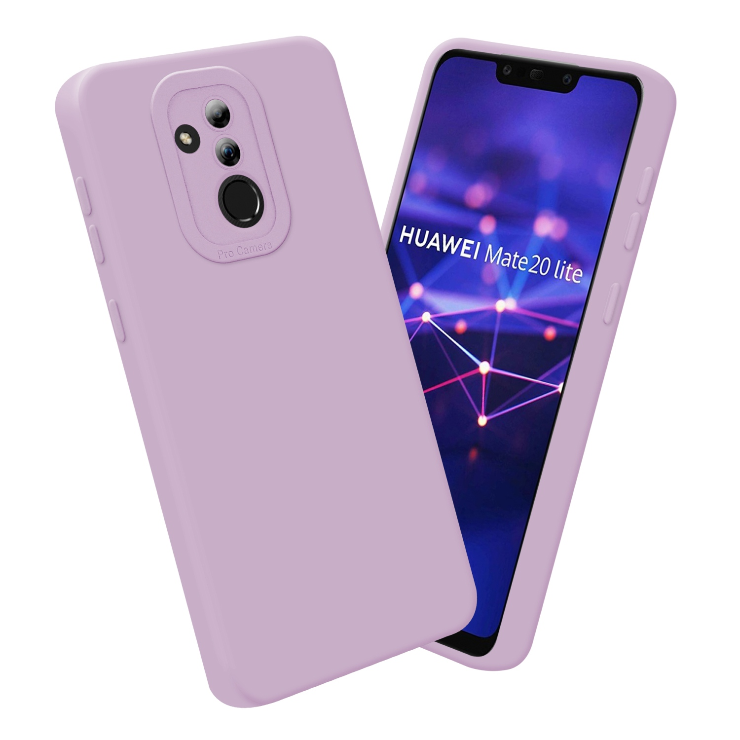 Due custodie per telefono, una su un telefono. Entrambe sono lavanda, con intaglio per fotocamera.