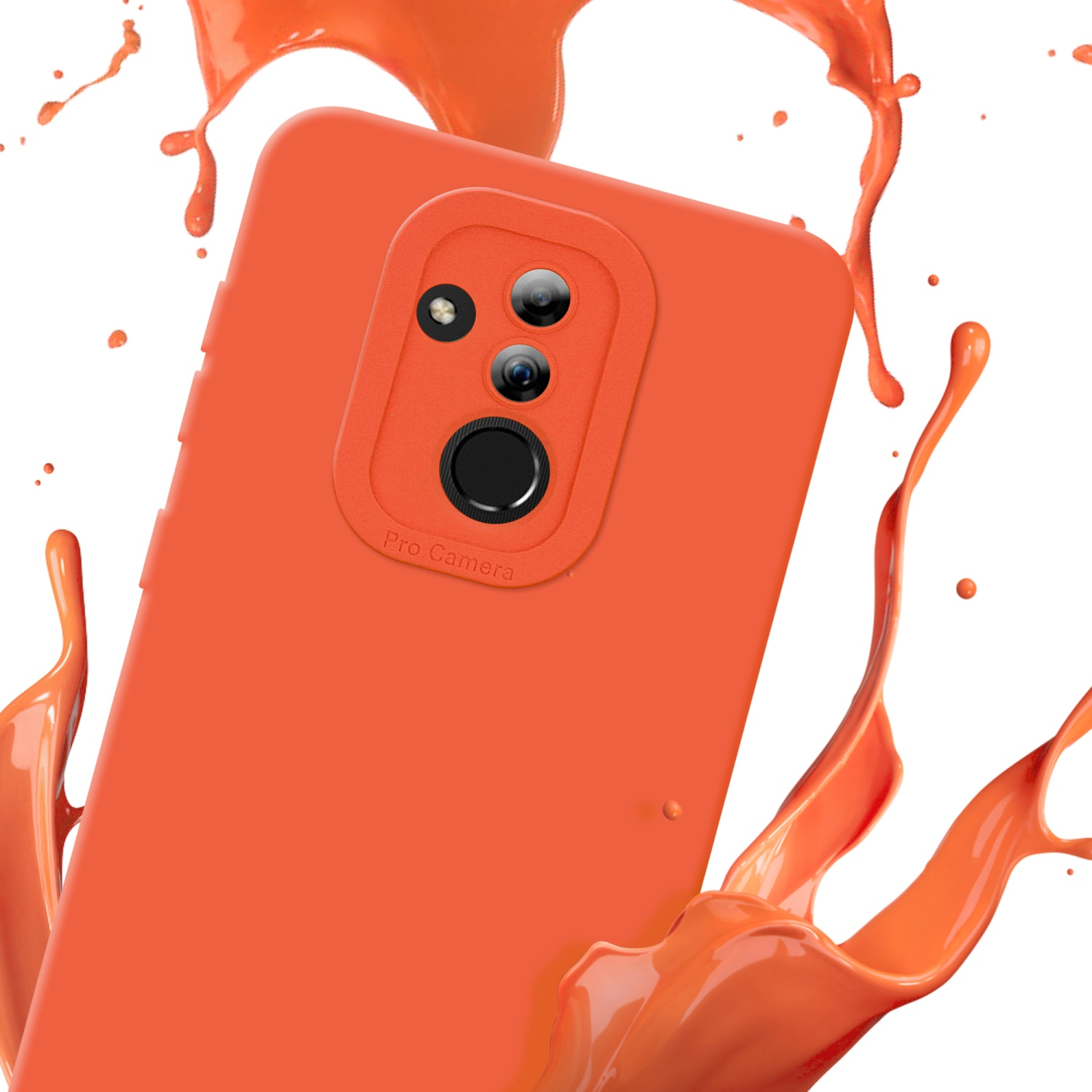 Custodia arancione con telefono. Spruzzi di vernice arancione sullo sfondo.