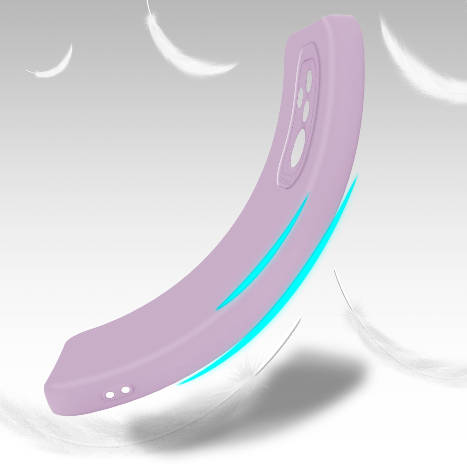 Una custodia per telefono color lavanda con un design curvo, con piume fluttuanti sullo sfondo.