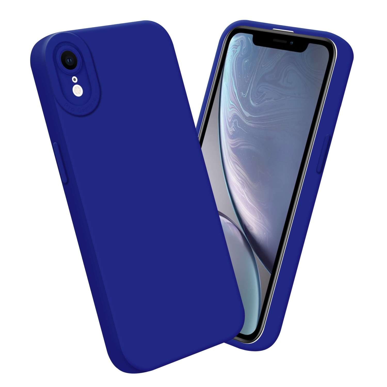 Telefono blu con custodia blu, vista angolata. Il telefono è nella custodia. Sfondo bianco.