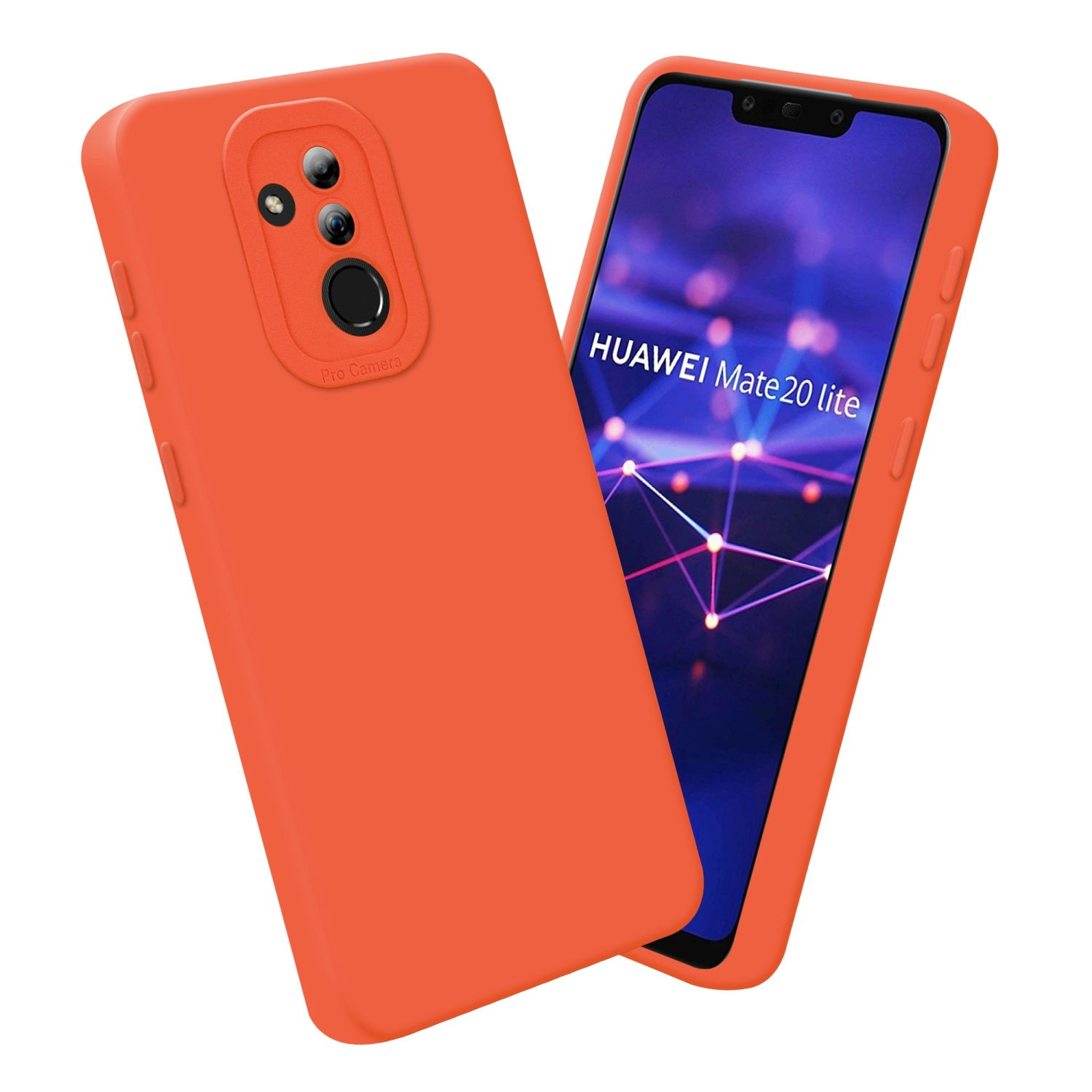 Custodia arancione per telefono con fotocamera e telefono con schermo. Lo schermo dice Huawei Mate 20 lite.
