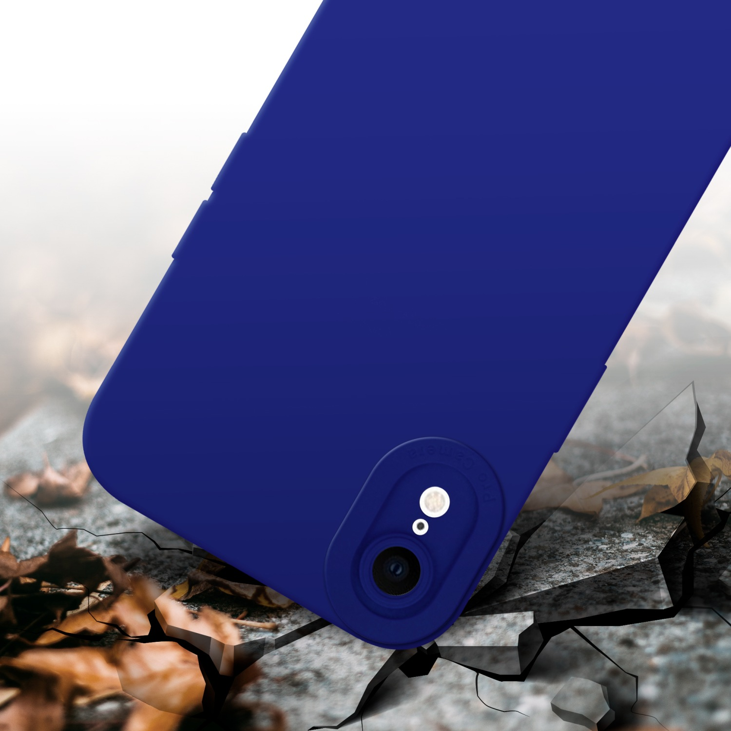 Una custodia blu con dosso per fotocamera su una superficie incrinata. Le foglie sono sparse.