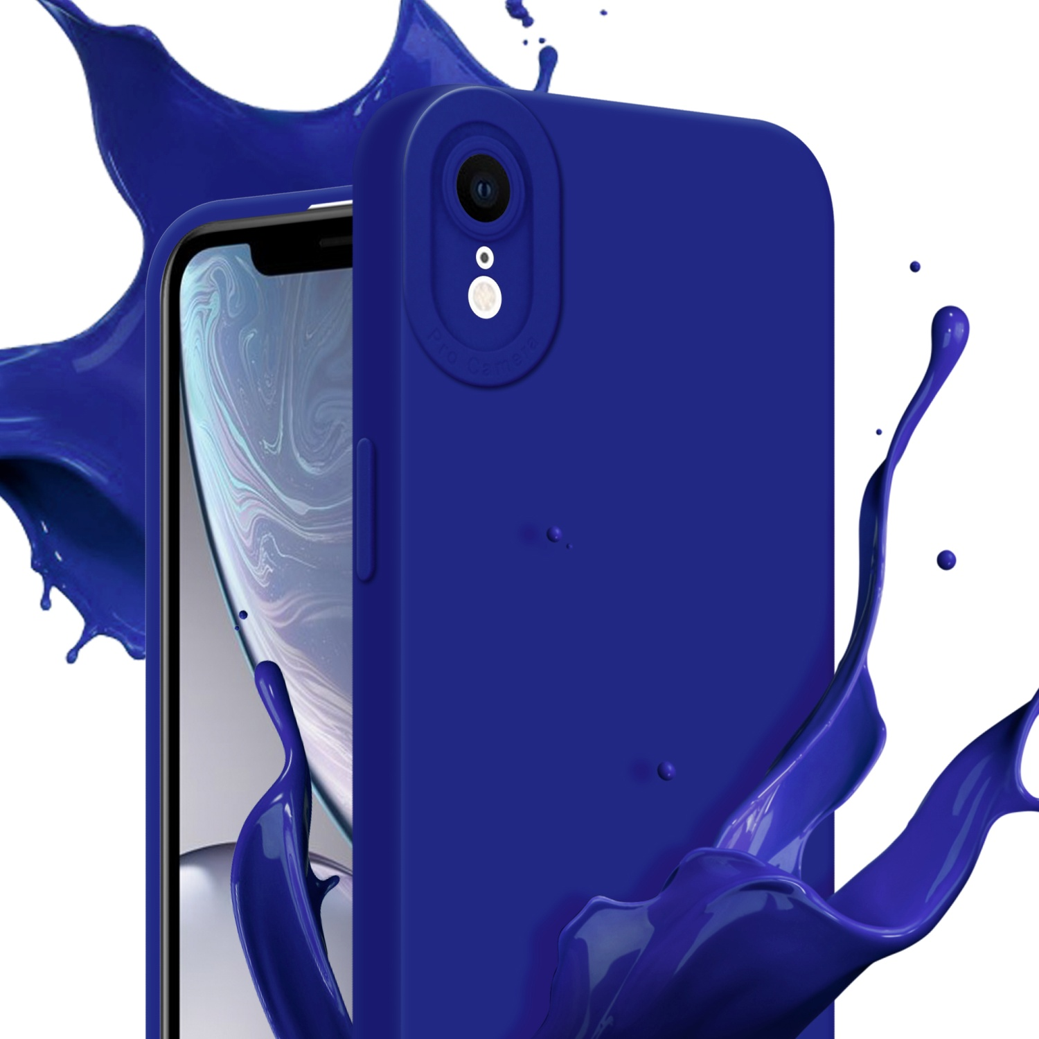 Una custodia blu per telefono con schizzi blu su sfondo bianco con schermo del telefono.