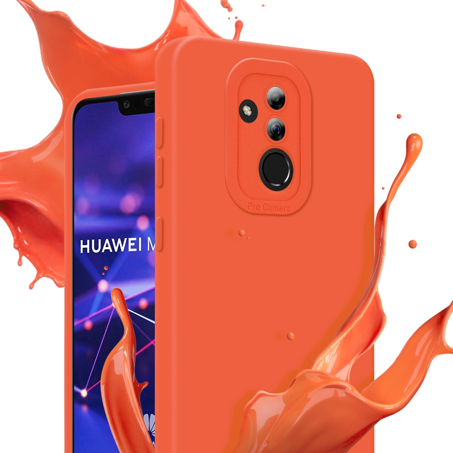 Una custodia arancione con schizzi, un telefono con schermo blu sullo sfondo.