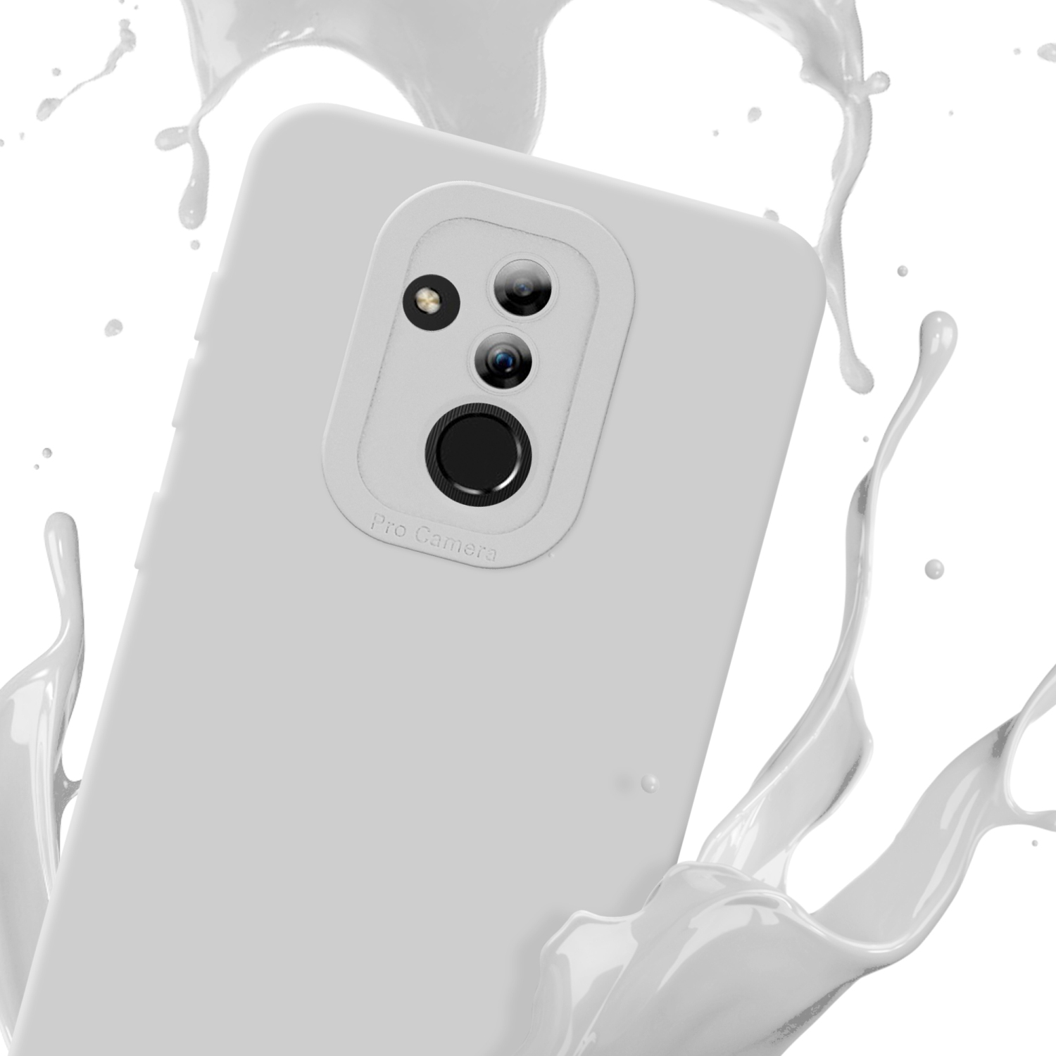 Custodia bianca per telefono con sporgenza della fotocamera circondata da schizzi di vernice bianca.