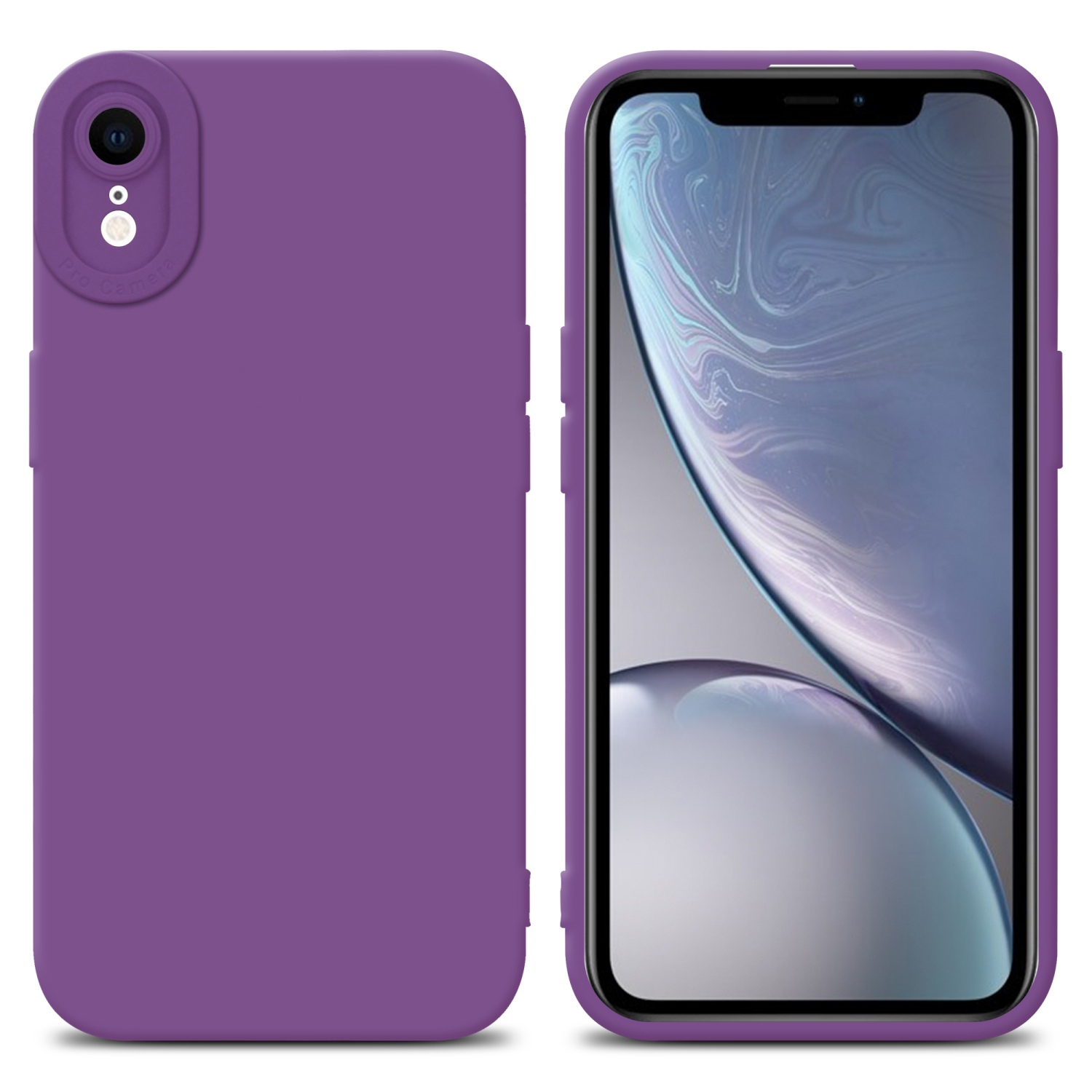 Due telefoni con custodie viola. Uno mostra uno schermo, l'altro ha un modulo fotocamera.