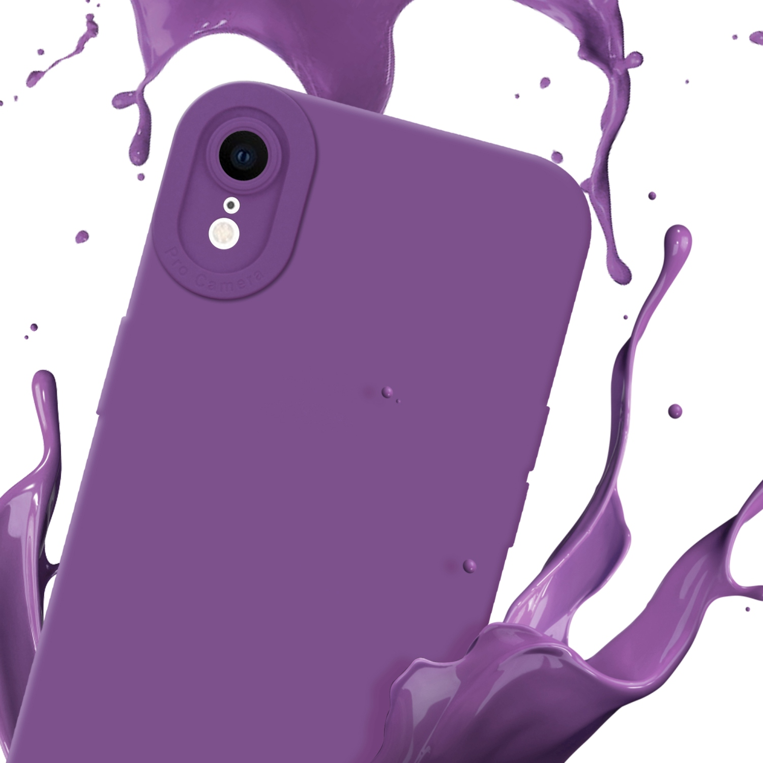 Una custodia per telefono viola con una fotocamera e schizzi di vernice sullo sfondo.