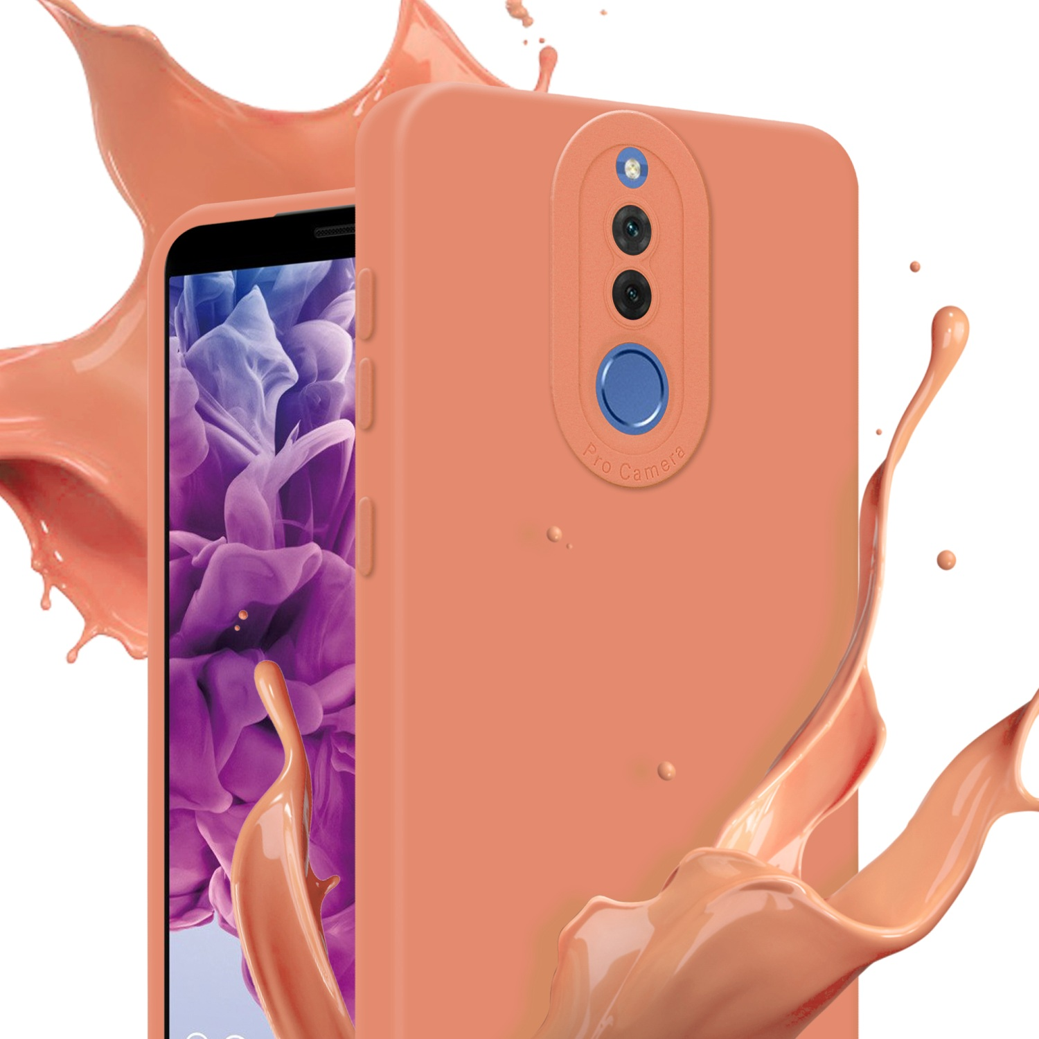 Custodia arancione per telefono con protezione fotocamera. Schizzo di liquido a destra e schermo del telefono visibile.