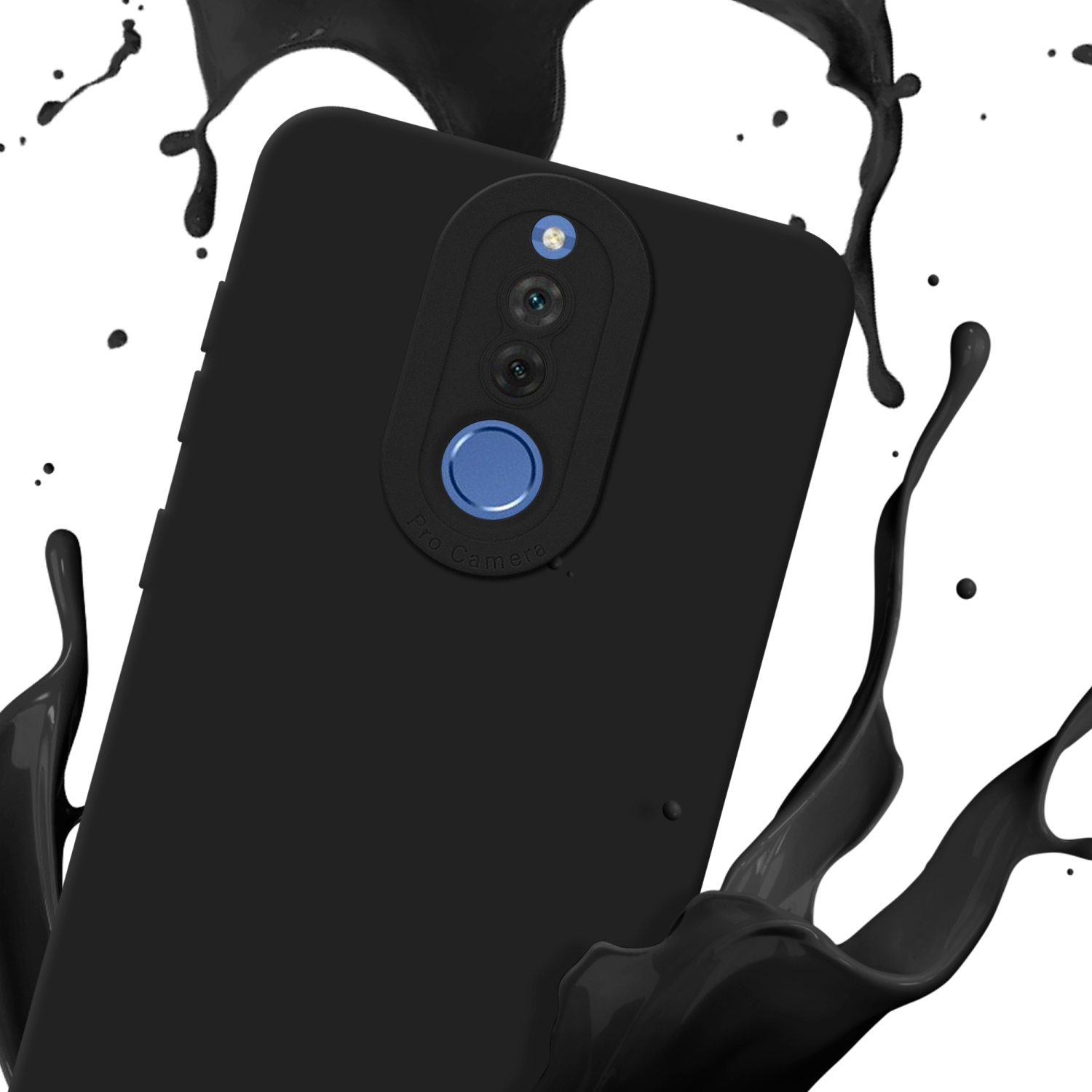 Vista posteriore di telefono nero in custodia nera con schizzo di vernice nera su sfondo bianco.