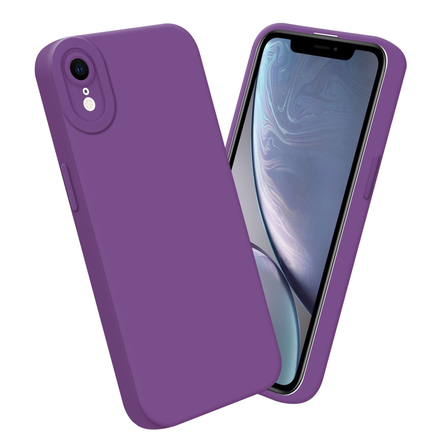 Una custodia e un telefono viola. Lo schermo del telefono è visibile. Sfondo bianco.