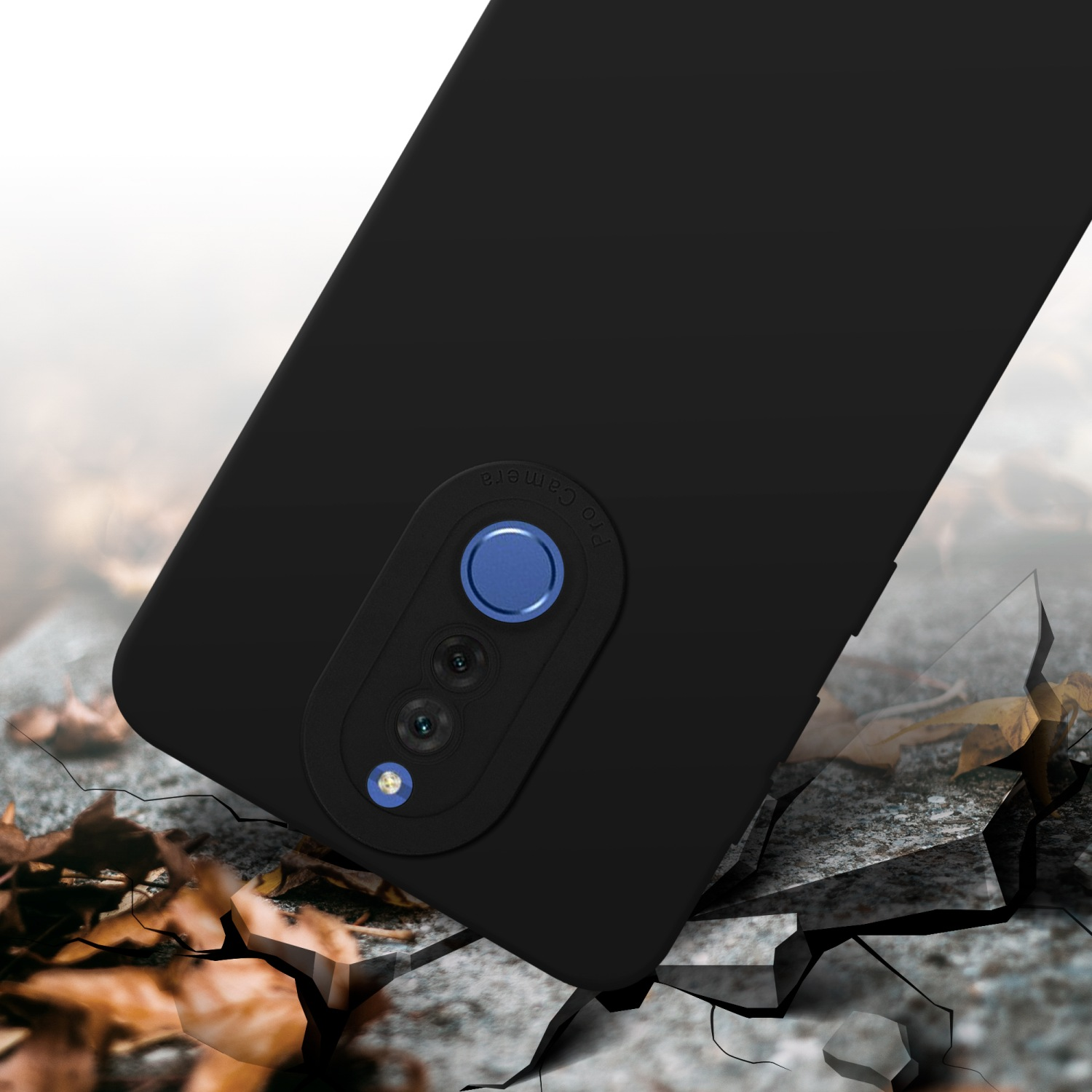 Custodia nera per telefono con fotocamera blu, su una superficie incrinata.