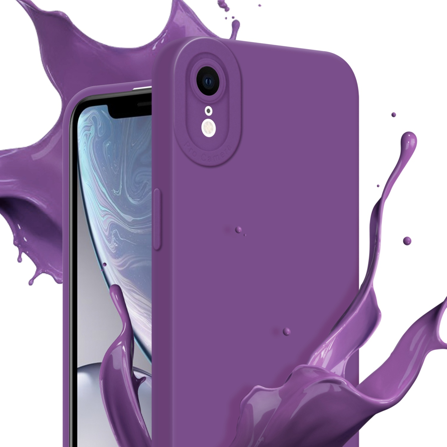 Custodia per telefono viola con spruzzo di vernice viola, che rivela il telefono e la sua fotocamera.