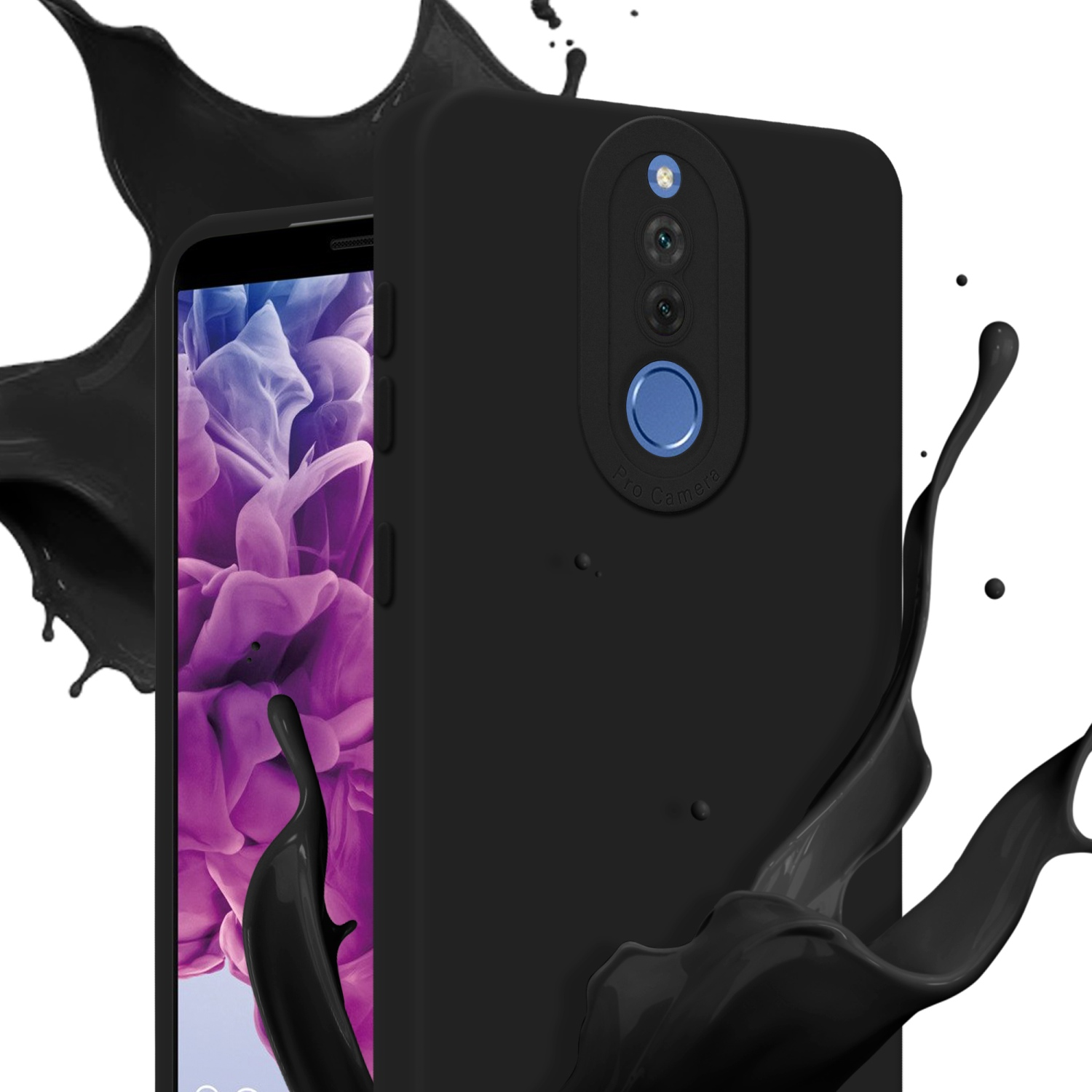 Custodia nera con fotocamere, schizzi di vernice nera e schermo visibile.