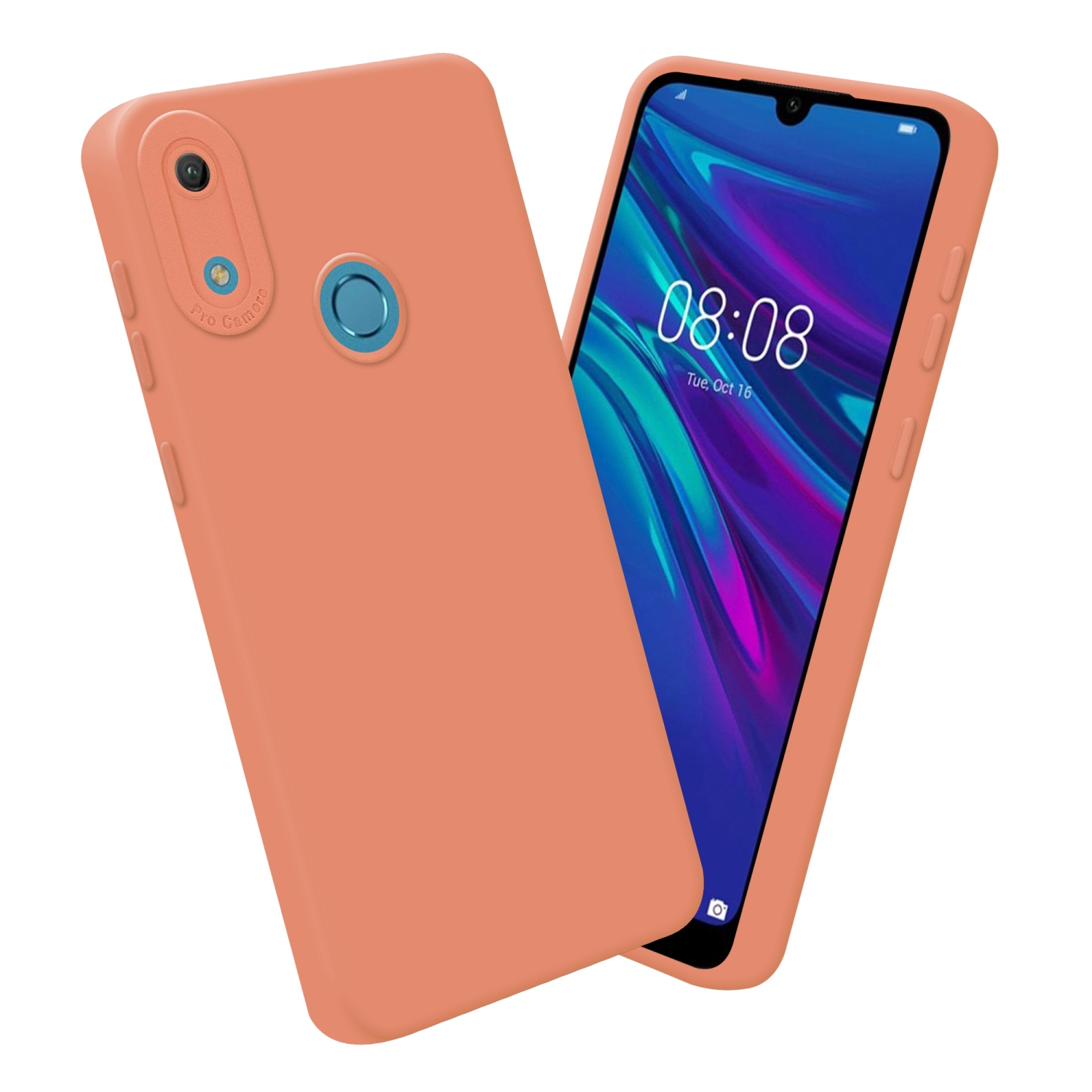 Orange Handyhülle und Telefon. Telefon zeigt 08:08 und das Datum.