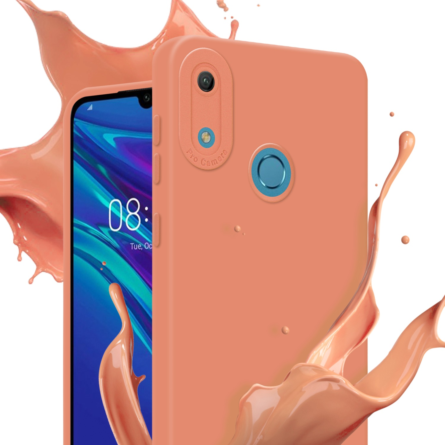 Eine pfirsichfarbene Handyhülle mit Telefondisplay und einem Farbspritzer.