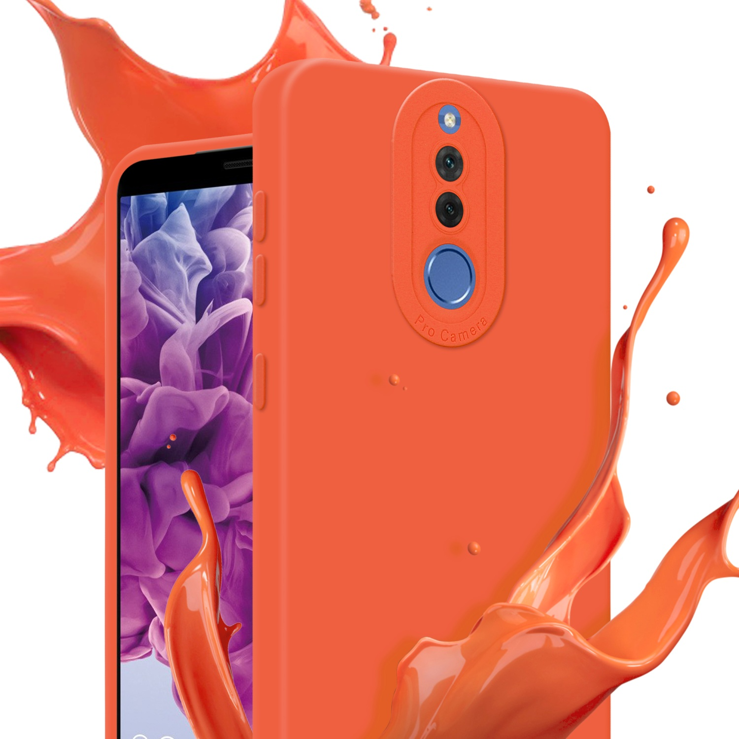 Una custodia per telefono arancione con schizzi di liquido e funzione fotocamera pro.
