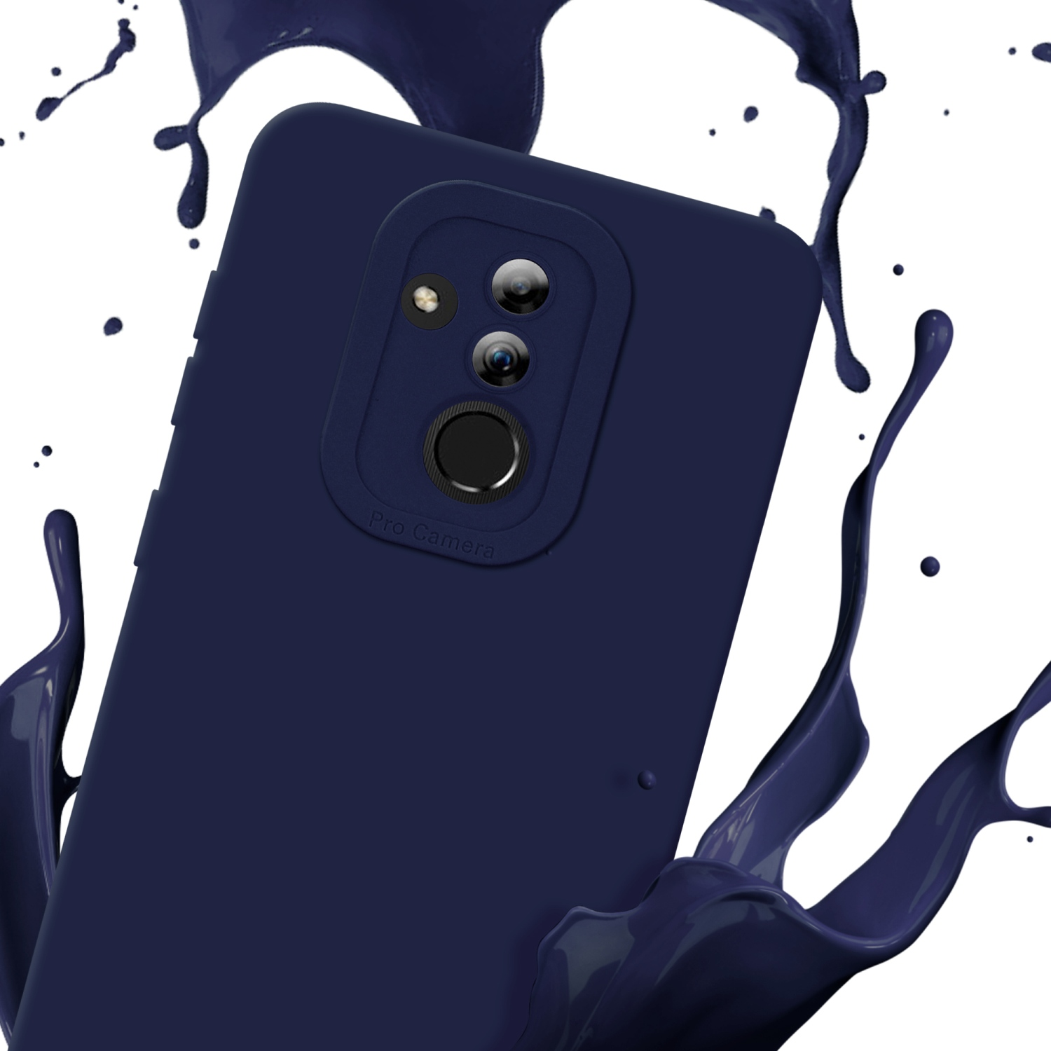 Custodia blu scuro con smartphone. Schizzo di vernice blu scuro sullo sfondo. Il telefono è visibile.
