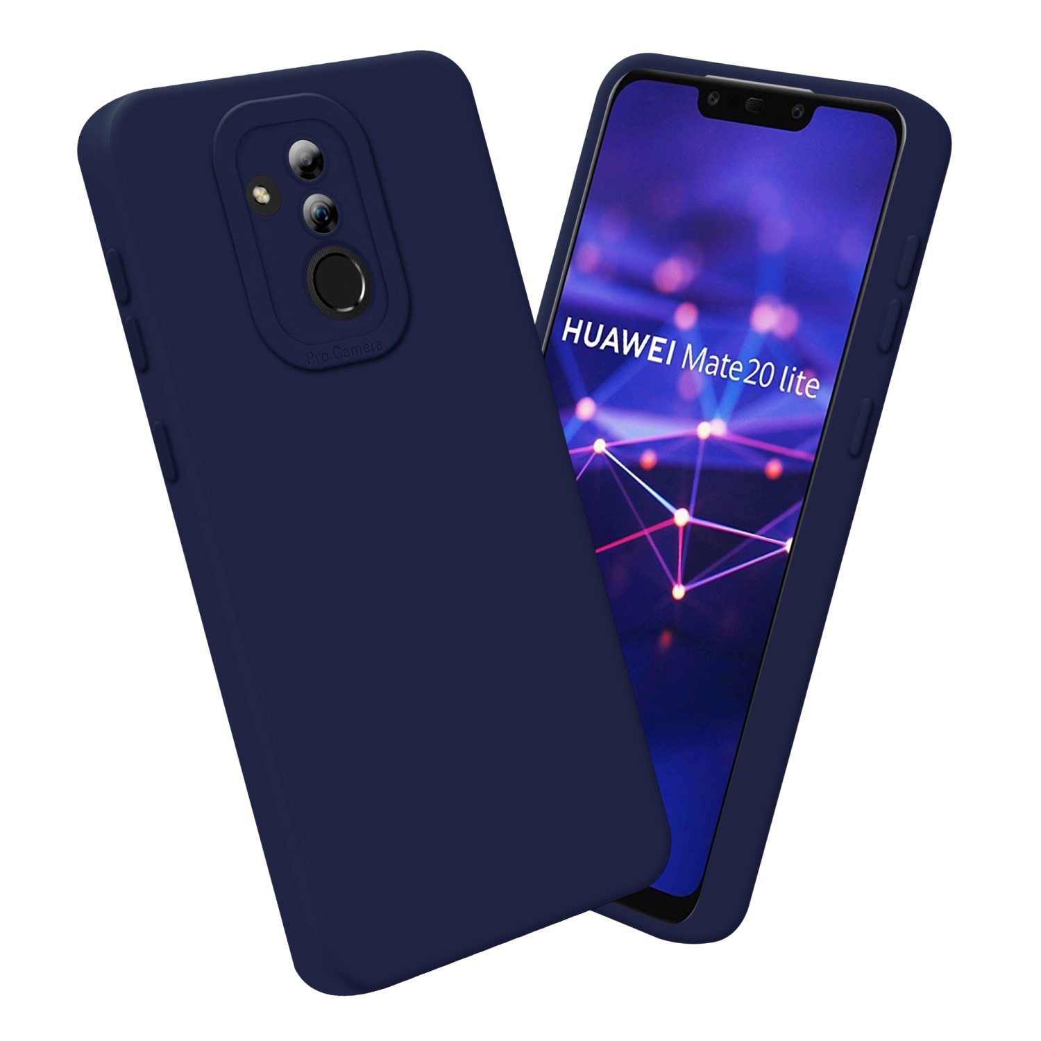 Custodia per telefono blu scuro con ritaglio per fotocamera e telefono con schermo visibile.