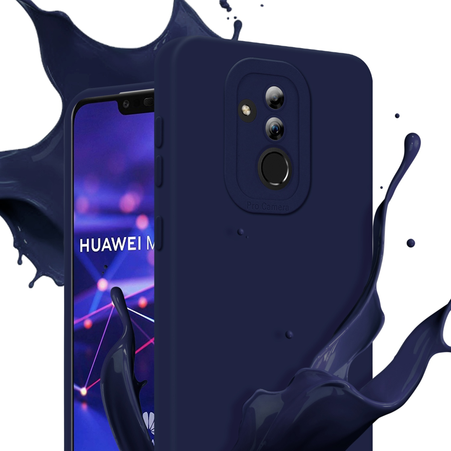 Custodia per telefono blu scuro su uno schermo del telefono. Schizzo di vernice blu sullo sfondo.