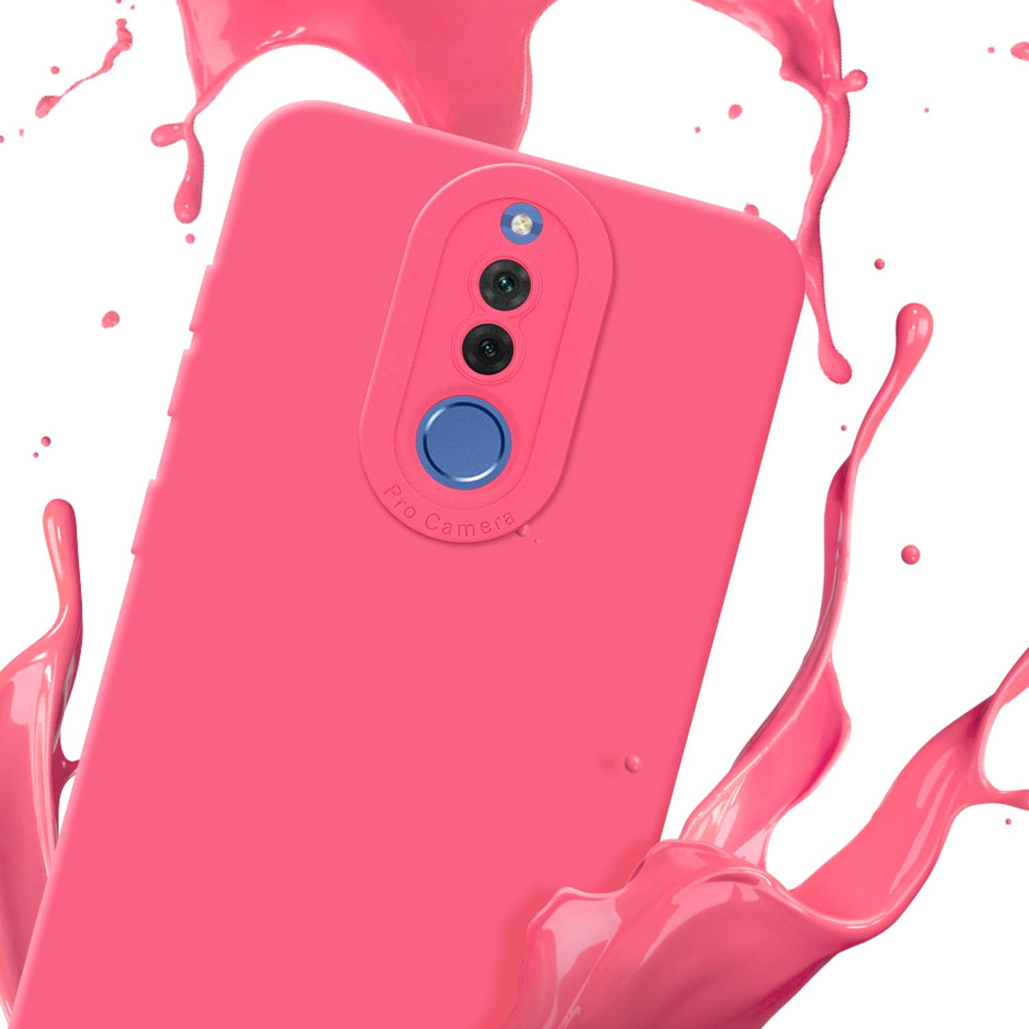 Custodia per telefono rosa con schizzo di vernice rosa. La custodia ha delle fotocamere. Lo schermo è visibile, con bianco e giallo.