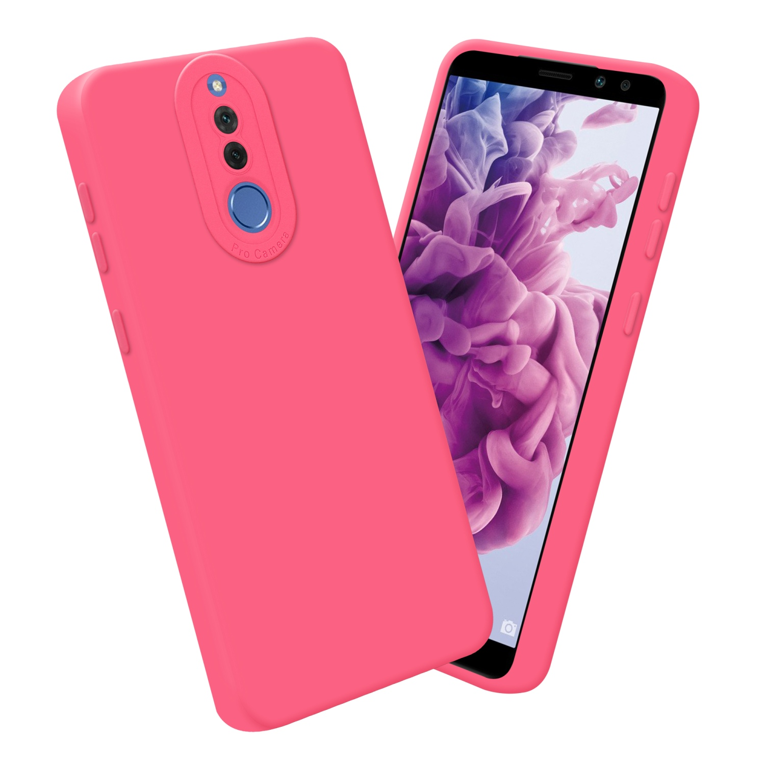 Custodia e telefono rosa. Il telefono mostra un'immagine sfocata.