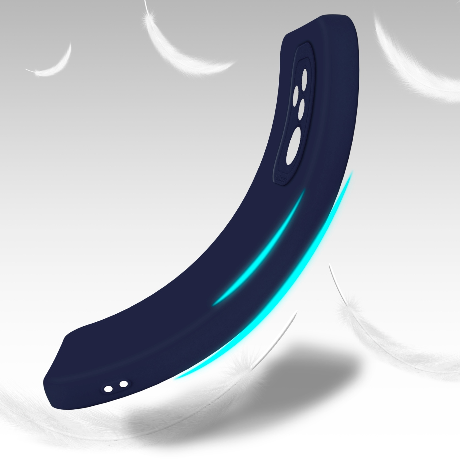 Custodia per telefono blu scuro, forma curva, fluttuante con piume bianche. Sfondo grigio chiaro.