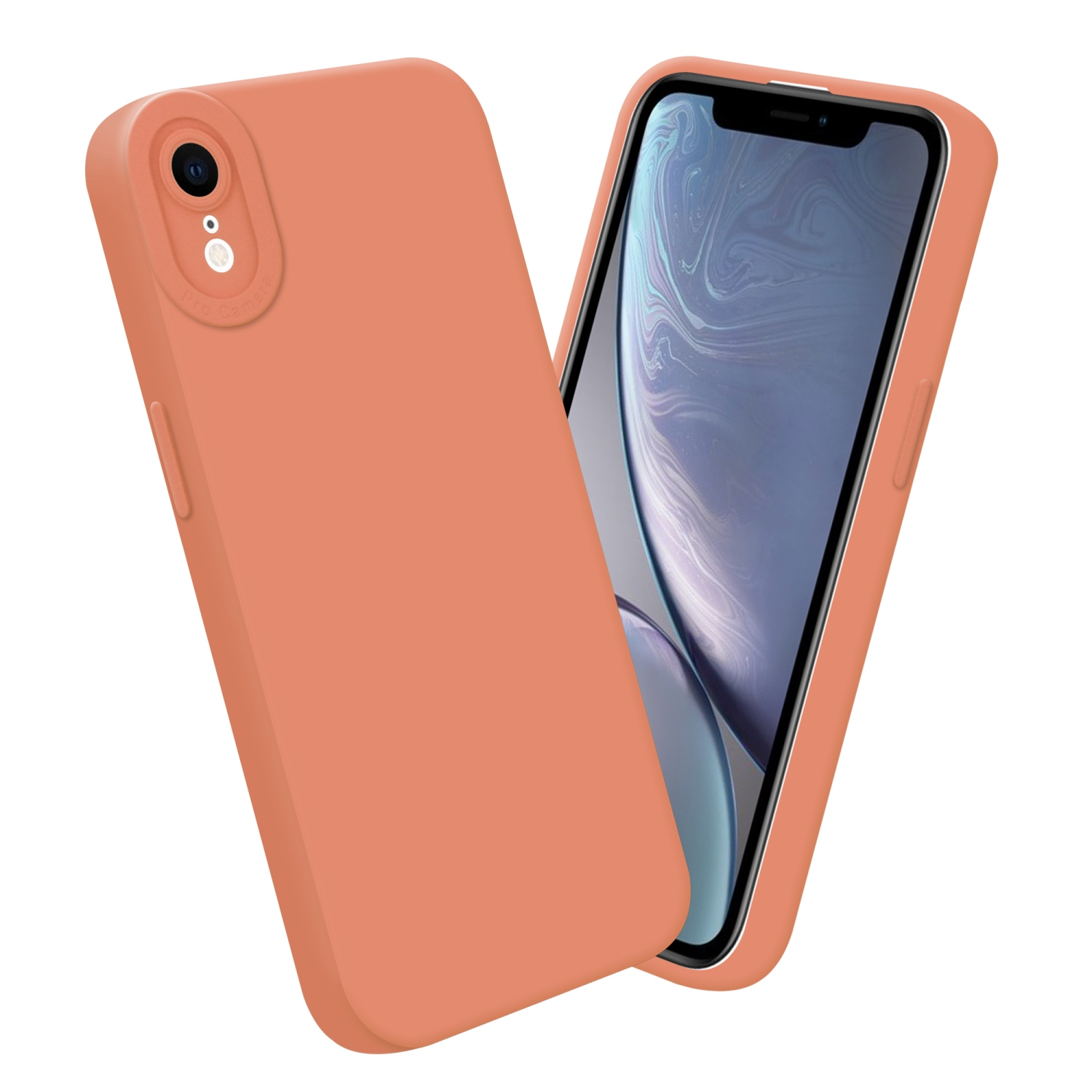 Custodia arancione con dettaglio fotocamera e un telefono che mostra lo schermo.