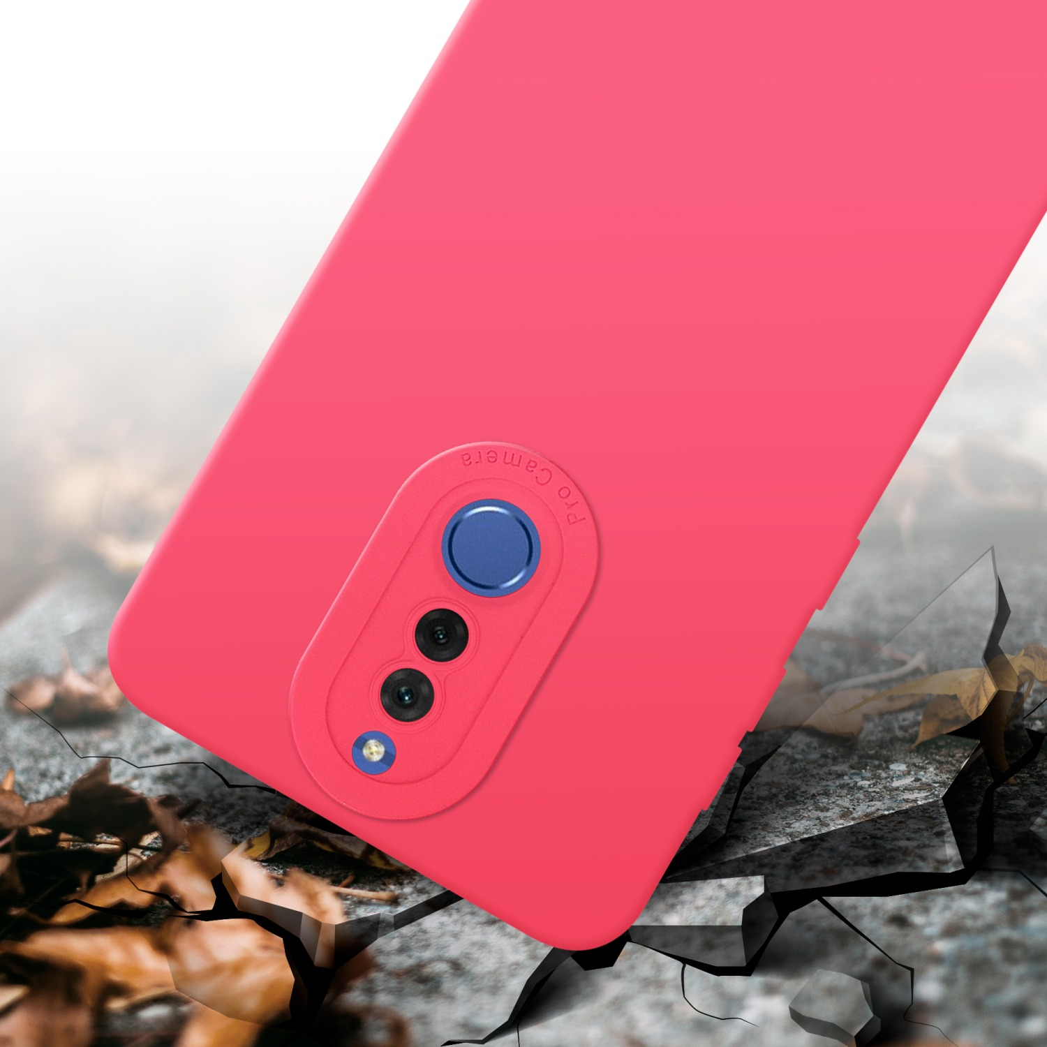 Custodia rosa per telefono con ritaglio per fotocamera, su superficie crepata.