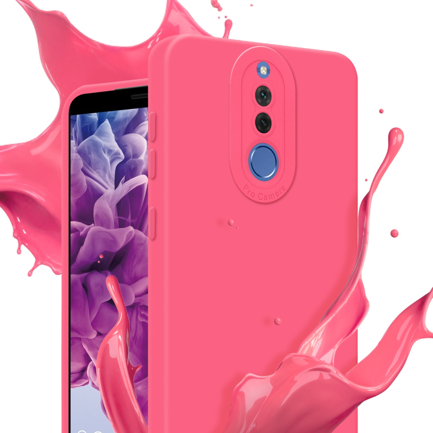 Una custodia per telefono rosa con ritagli per la fotocamera e uno spruzzo rosa sullo sfondo.