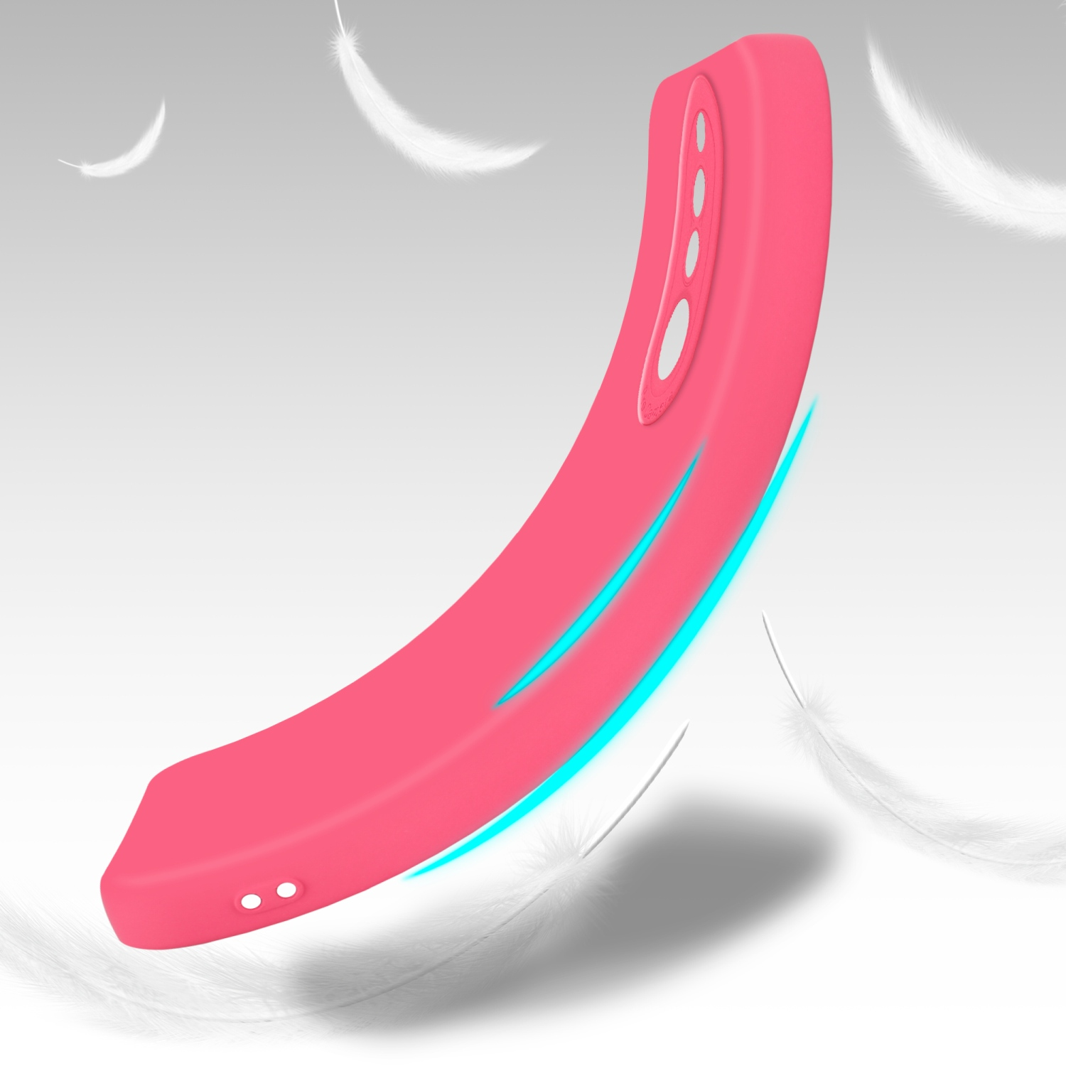 Custodia rosa per telefono galleggiante con riflessi blu e piume bianche sullo sfondo.