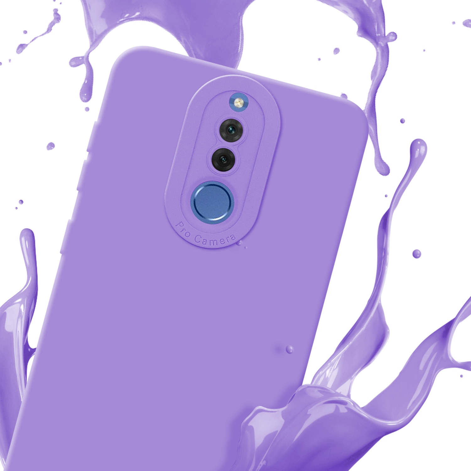 Custodia viola con tripla fotocamera. Schizzi di liquido viola.