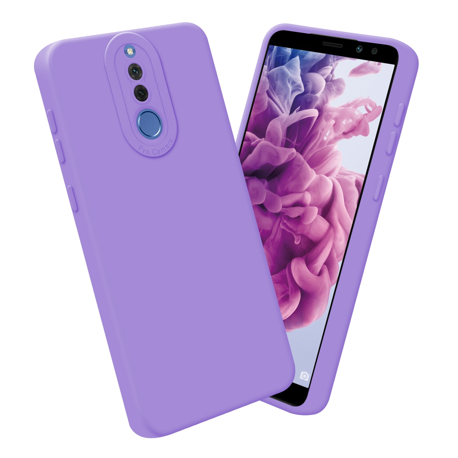 Due telefoni lavanda, uno con custodia e l'altro con custodia. Entrambi su sfondo bianco.