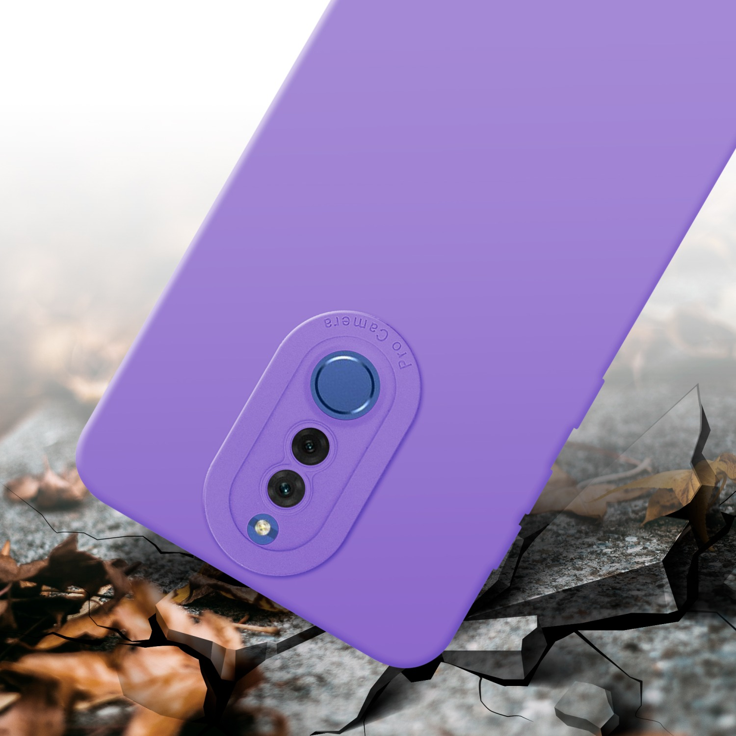 Custodia per telefono viola su terreno crepato, con una fotocamera professionale.