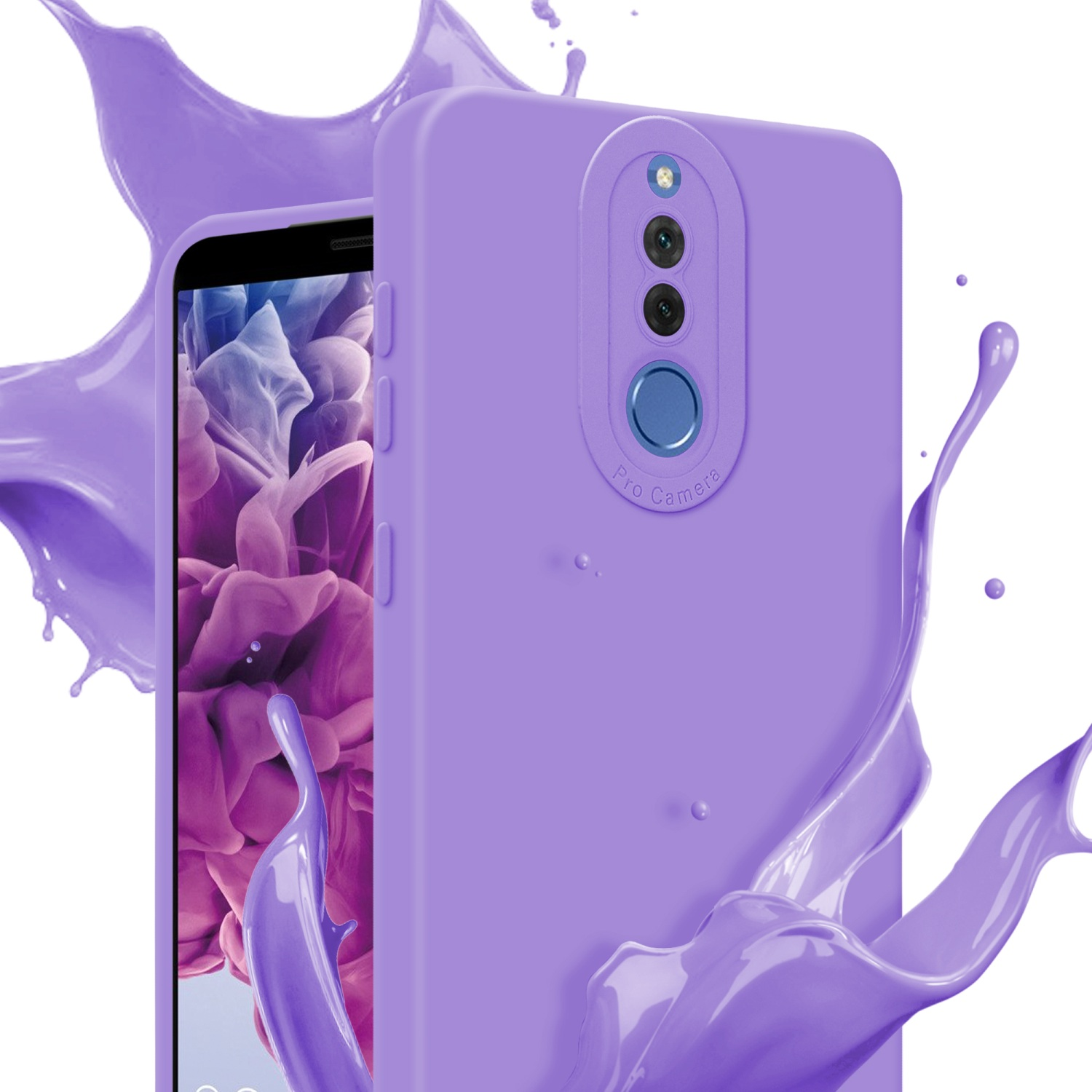 Una custodia viola con modulo fotocamera. Schizzi di vernice viola circondano il telefono, sfondo bianco.